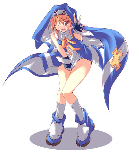 bridget (guilty gear), arc system works, guilty gear, guilty gear xx, 1boy, ankle boots, armpits, blonde hair, blue gloves, blush, boots, brown eyes, clothes pull, cross, cross print, fingerless gloves, full body, gloves, hat, kneehighs, looking at viewer, male focus, one eye closed, open mouth, orange hair, outstretched arm, ribbon, shirt, shirt pull, short hair, simple background, socks, solo, standing, tears, trap, white background, white shirt, white socks, wince