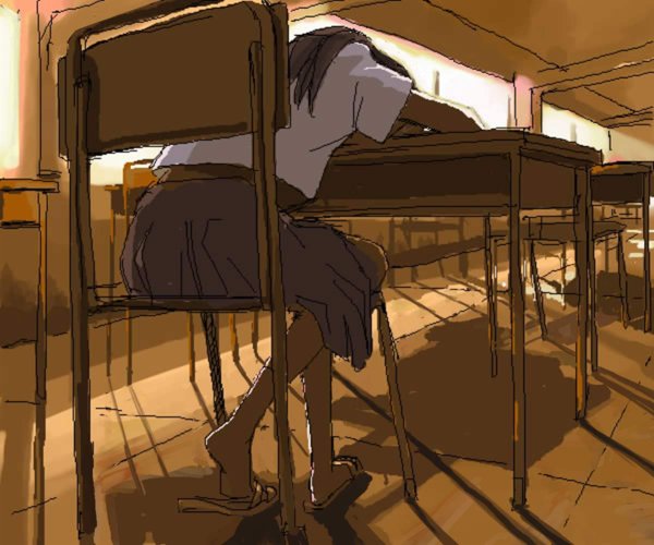 pinzu, 1girl, chair, classroom, desk, female focus, from behind, indoors, on chair, pleated skirt, sandals, school, school desk, school uniform, serafuku, skirt, sleeping, solo