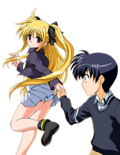 chrono harlaown, fate testarossa, lyrical nanoha, mahou shoujo lyrical nanoha, mahou shoujo lyrical nanoha a's, duplicate, 00s, back, blonde hair, blue panties, blush, hair ribbon, jacket, leg lift, long hair, looking back, miniskirt, panties, pantyshot, red eyes, ribbon, shirt, shoes, skirt, striped clothes, striped panties, twintails, underwear, upskirt, walking
