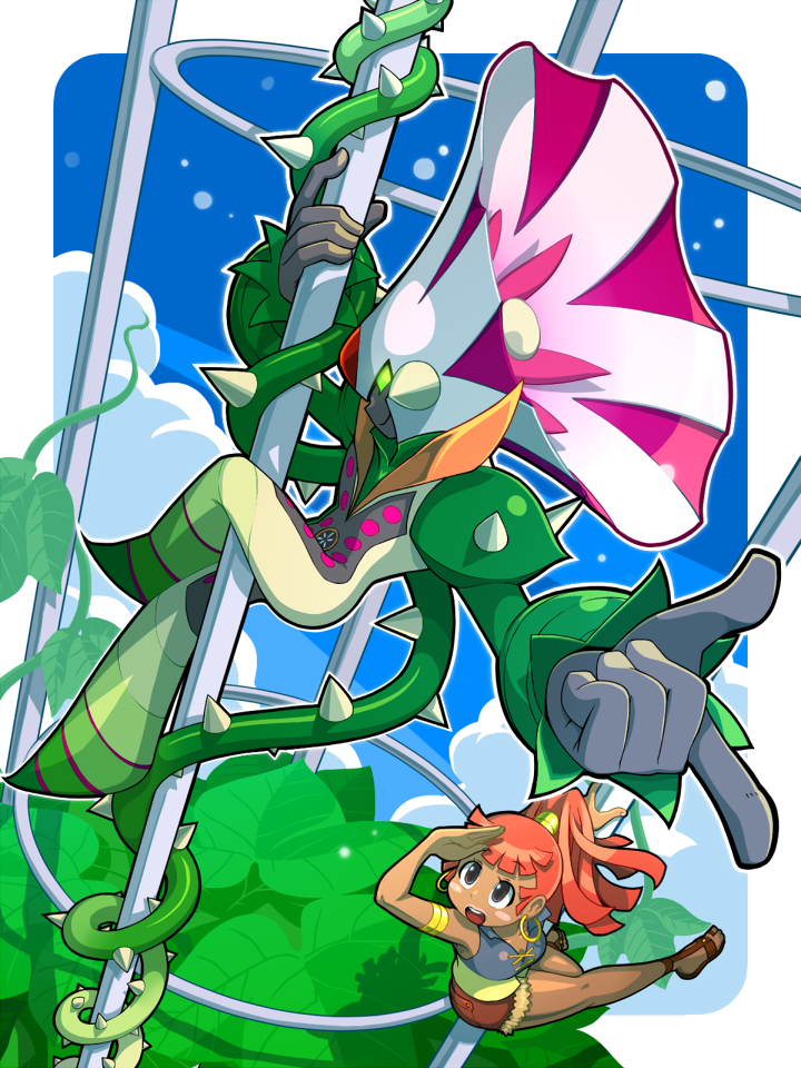 napo, anetta (mega man), plantman.exe, mega man (series), mega man battle network (series), mega man battle network 3, commentary, commentary request, english commentary, mixed-language commentary, 1boy, 1girl, arm up, armlet, black eyes, blue sky, border, brown sandals, brown shorts, closed mouth, cloud, collared shirt, dark-skinned female, dark skin, day, earrings, gloves, green eyes, grey gloves, grey shirt, hoop earrings, jewelry, long hair, looking up, netnavi, open mouth, outside border, plant, pole, pole dancing, ponytail, red hair, sandals, shading eyes, shirt, shorts, sky, sleeveless, sleeveless shirt, smile, teeth, thorns, upper teeth only, vines, white border