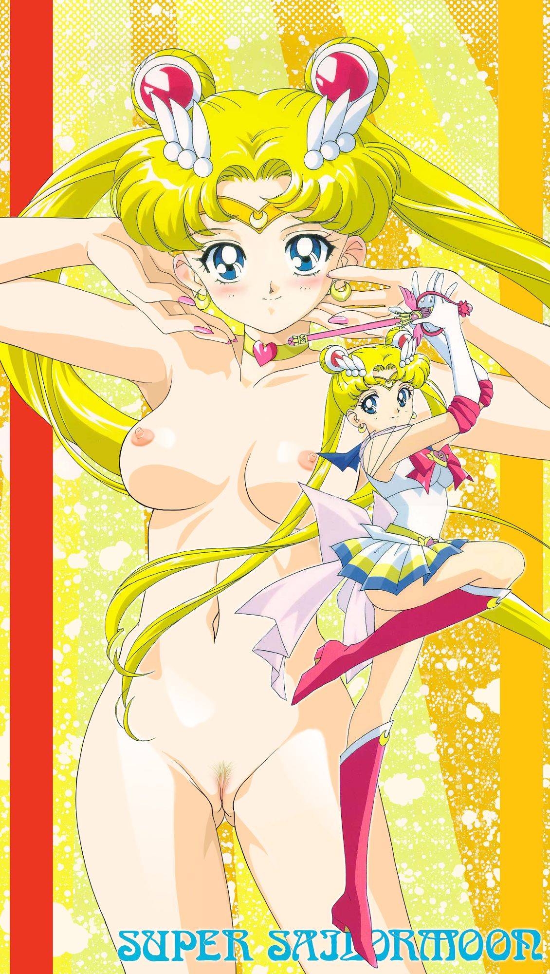 sailor moon, super sailor moon, tsukino usagi, bishoujo senshi sailor moon, bishoujo senshi sailor moon supers, highres, nude filter, third-party edit, 1990s (style), 1girl, armpits, blonde hair, blue eyes, blush, boots, breasts, calendar, choker, earrings, elbow gloves, female focus, female pubic hair, full body, gloves, jewelry, large breasts, long hair, magical girl, miniskirt, nail polish, nipples, nude, pubic hair, pussy, school uniform, skirt, smile, solo, tiara, twintails, uncensored, very long hair, wand