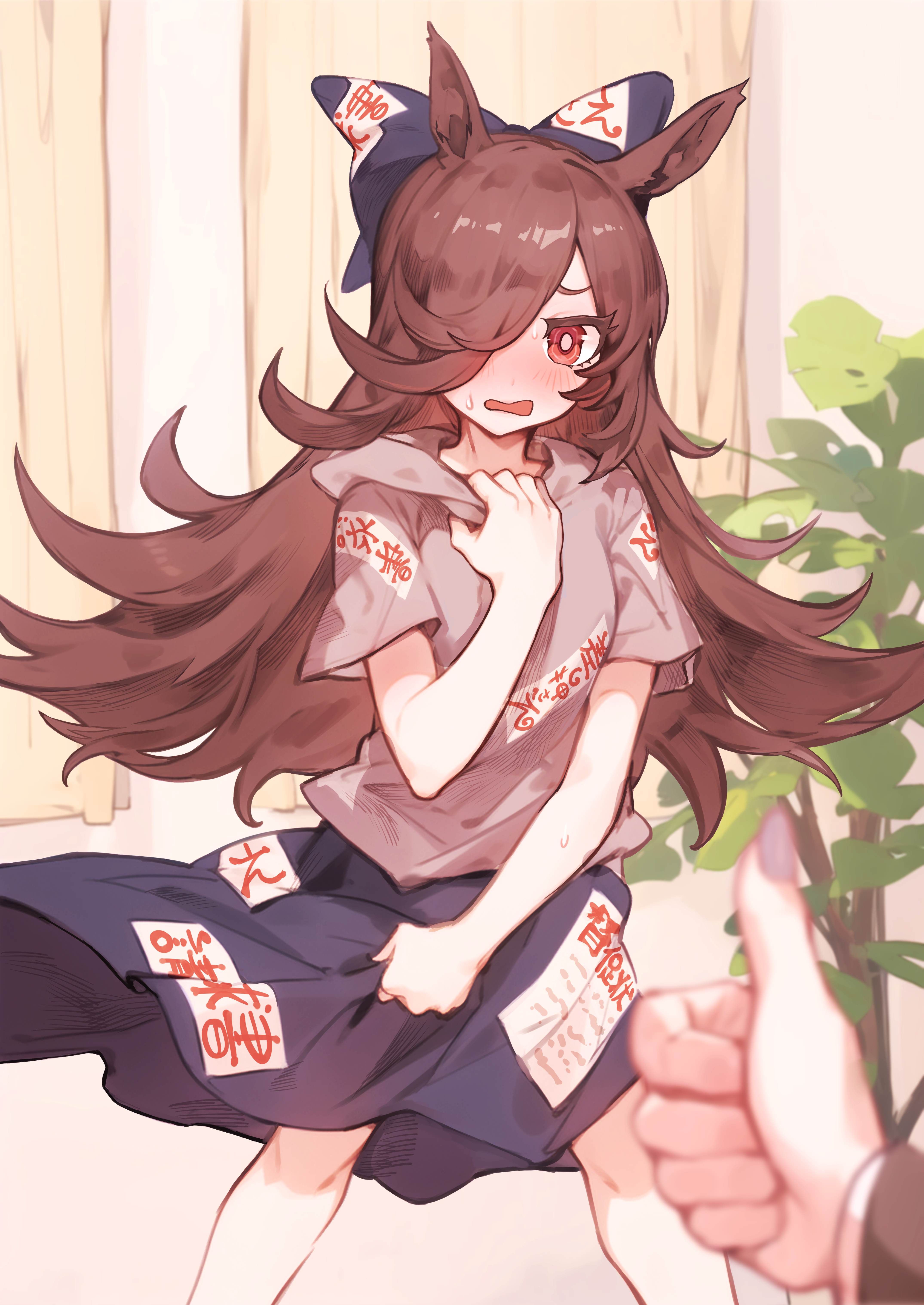 senmura, female trainer (umamusume), rice shower (umamusume), trainer (umamusume), yorigami shion, touhou, umamusume, absurdres, commentary request, highres, 2girls, animal ears, blue bow, blue skirt, blush, bow, brown hair, cosplay, cowboy shot, female pov, flipped hair, grey hoodie, hair bow, hair over one eye, hood, hood down, hoodie, horse ears, horse girl, indoors, long hair, looking at viewer, multiple girls, open mouth, plant, potted plant, pov, pov hands, red eyes, short sleeves, skirt, solo focus, thumbs up, yorigami shion (cosplay)