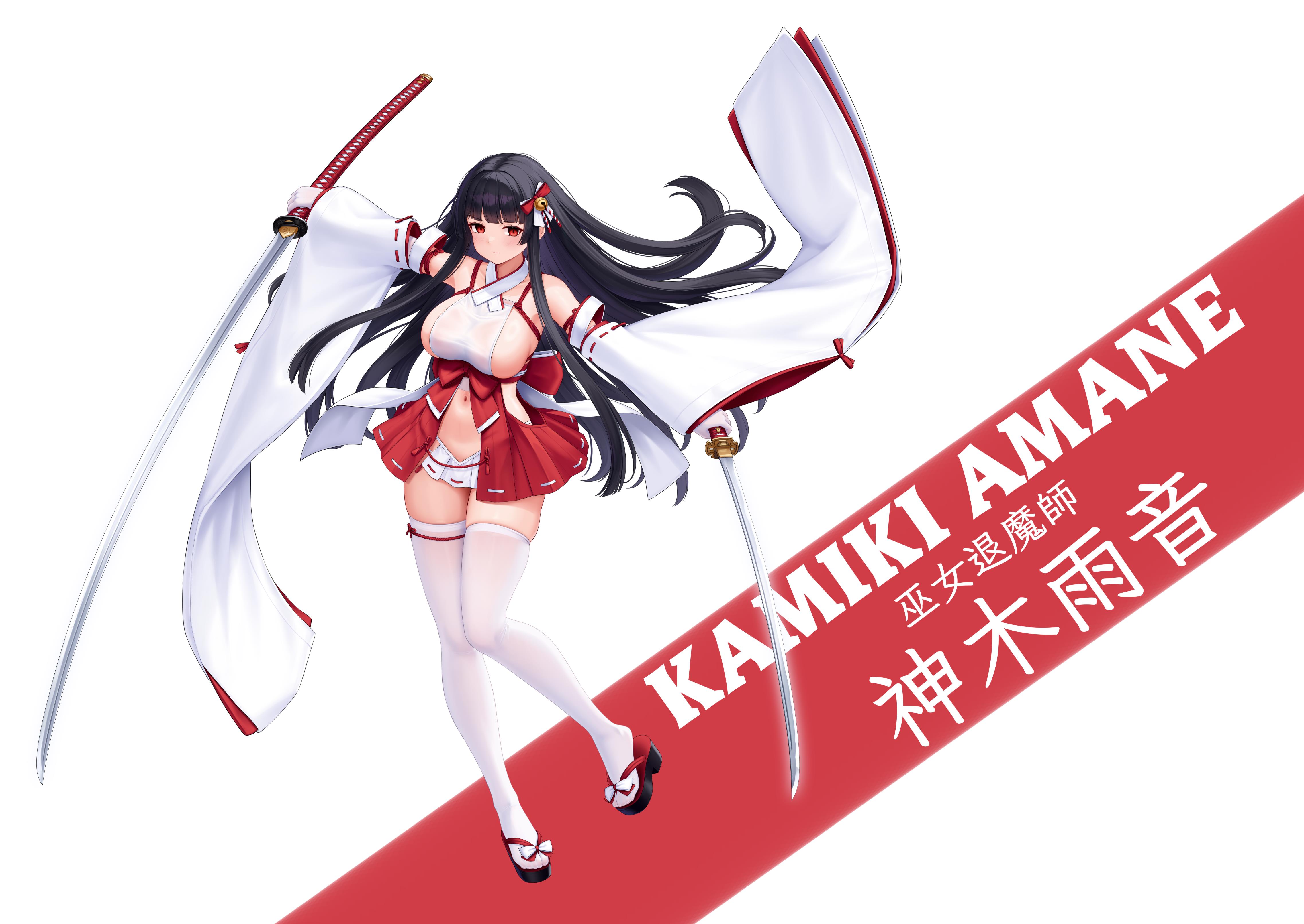 allenes, original, absurdres, highres, 1girl, black hair, blunt bangs, breasts, character name, detached sleeves, dual wielding, holding, holding sword, holding weapon, japanese clothes, kamiki amane (allenes), katana, large breasts, looking at viewer, miko, navel, nontraditional miko, red eyes, sideboob, solo, sword, thighhighs, weapon, white thighhighs