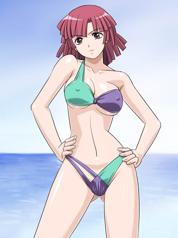 leena toros, rinon toros, zoids, zoids shinseiki/zero, 00s, 1girl, beach, bikini, breasts, covered erect nipples, day, female focus, hands on own hips, large breasts, outdoors, purple eyes, purple hair, short hair, solo, swimsuit, underboob, water