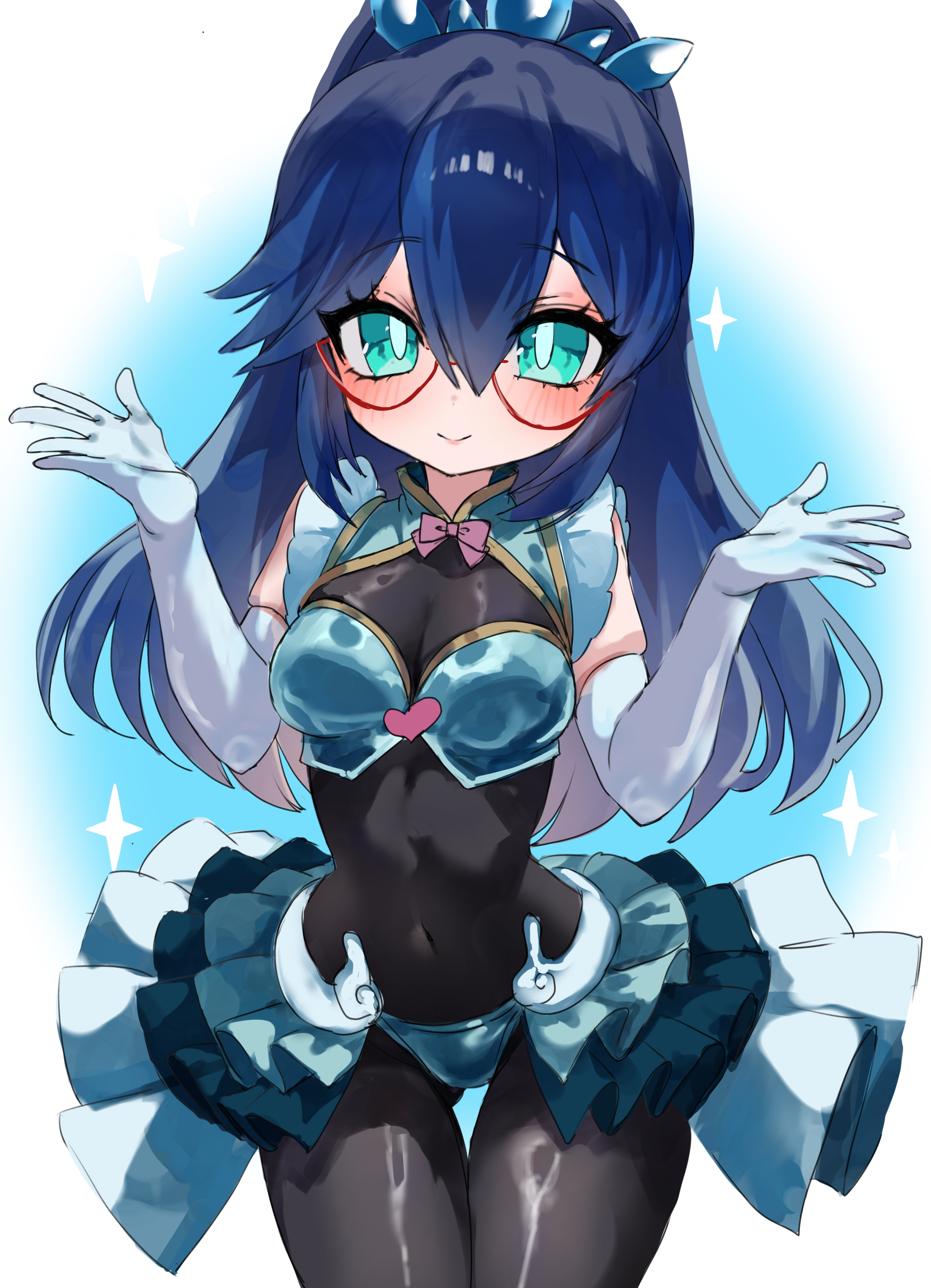 youkai watch, absurdres, commentary request, highres, 1girl, alternate costume, aqua eyes, black bodysuit, blue hair, blue panties, blue skirt, blush, bodysuit, bow, bowtie, bright pupils, cleavage cutout, clothing cutout, colored tips, covered navel, cowboy shot, diamond star12, dot nose, eyes visible through eyewear, eyes visible through hair, frilled skirt, frills, fubuki-chan (youkai watch), glasses, gloves, hair between eyes, hair ornament, hands up, high ponytail, light smile, long hair, long sleeves, looking at viewer, miniskirt, multicolored hair, panties, panties over bodysuit, pink bow, pink bowtie, ponytail, red-framed eyewear, shirt, showgirl skirt, skindentation, skirt, sleeveless, sleeveless shirt, solo, sparkle, underwear, white background, white gloves