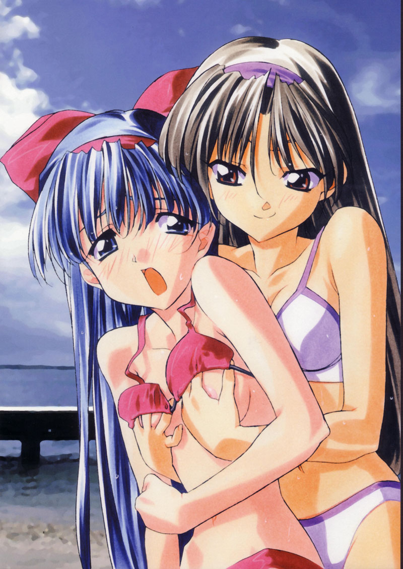 io takuya, kacchu musume, murasaki nakoruru, nakoruru, samurai spirits, 2girls, beach, bikini, breasts, day, dual persona, grabbing another's breast, groping, medium breasts, multiple girls, navel, outdoors, selfcest, swimsuit, yuri