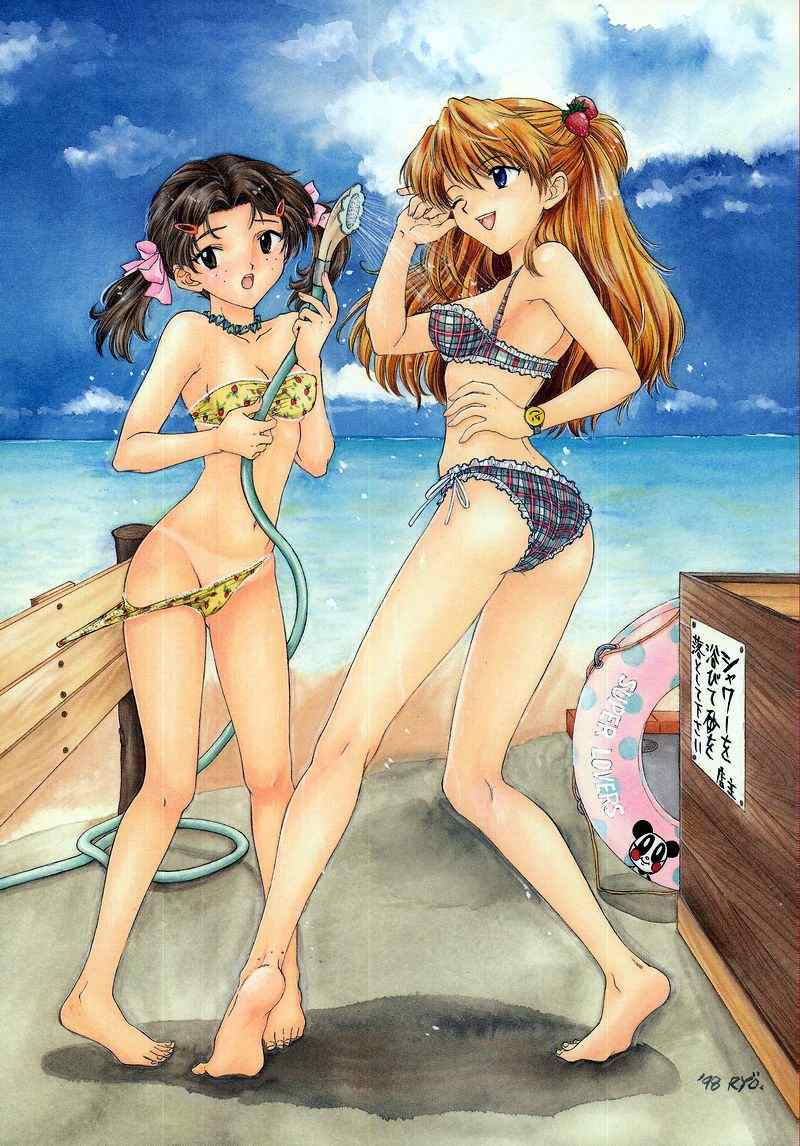 horaki hikari, souryuu asuka langley, neon genesis evangelion, shower, jpeg artifacts, ass, bare legs, barefoot, beach, bikini, bikini pull, choker, feet, food, fruit, hose, innertube, legs, panties, panty pull, red hair, soles, strawberry, swimsuit, tan, tanline, toes, twintails, underwear, wardrobe malfunction