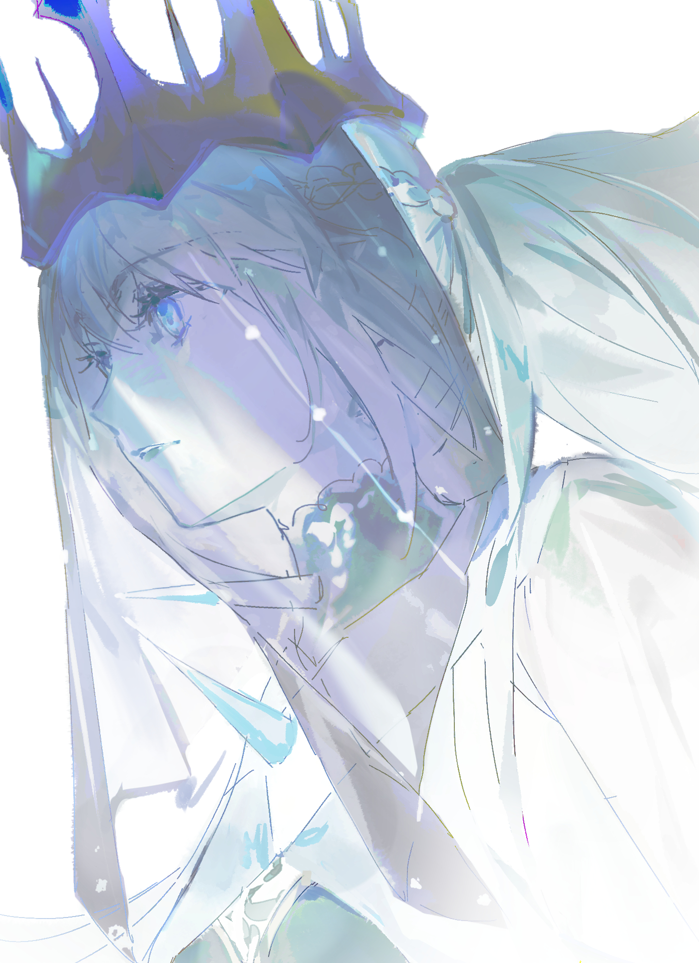 eduoheshui, morgan le fay (fate), morgan le fay (queen of winter) (fate), fate/grand order, fate (series), highres, 1girl, blue eyes, blue lips, braid, crown, hair between eyes, half up braid, long hair, ponytail, simple background, solo, spikes, veil, very long hair, white background