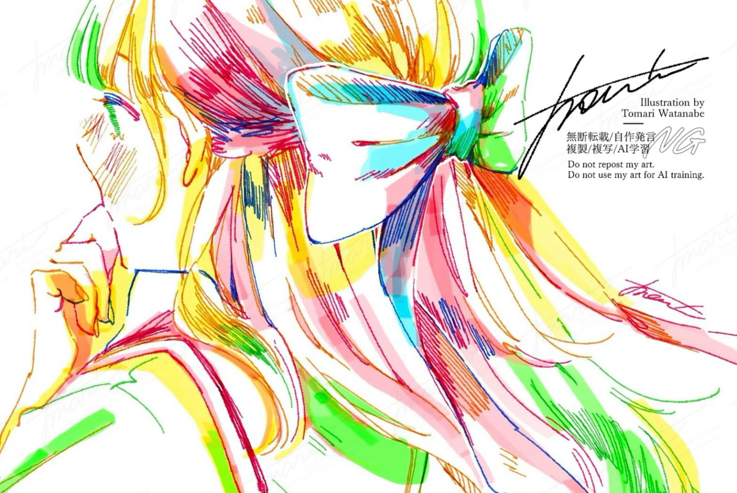 watanabe tomari, original, 1girl, artist name, blush, bow, colorful, hair bow, half updo, hand to own mouth, hand up, hatching (texture), long hair, school uniform, serafuku, signature, solo, watermark, white background