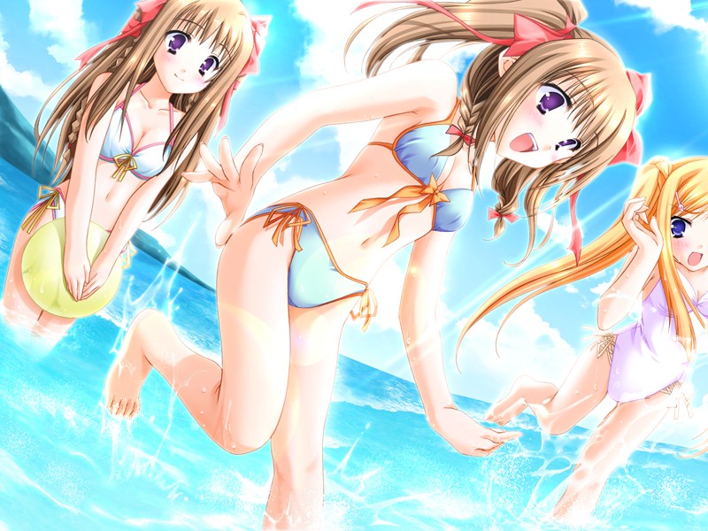 moekibara fumitake, tita flawless brandt, tomoe makina, tomoe yukina, nursery rhyme, game cg, 3girls, :d, ball, barefoot, beach, beachball, bikini, blonde hair, blue eyes, blush, braid, breasts, brown hair, casual one-piece swimsuit, cleavage, cloud, day, dutch angle, feet, fisheye, hair ornament, hair ribbon, hairclip, halterneck, innertube, leg lift, lens flare, light rays, long hair, medium breasts, multiple girls, ocean, one-piece swimsuit, open mouth, outdoors, purple eyes, ribbon, running, siblings, side-tie bikini bottom, sky, smile, splashing, standing, sunbeam, sunlight, swim ring, swimsuit, twin braids, twins, twintails, v arms, wading, water, white bikini, white one-piece swimsuit
