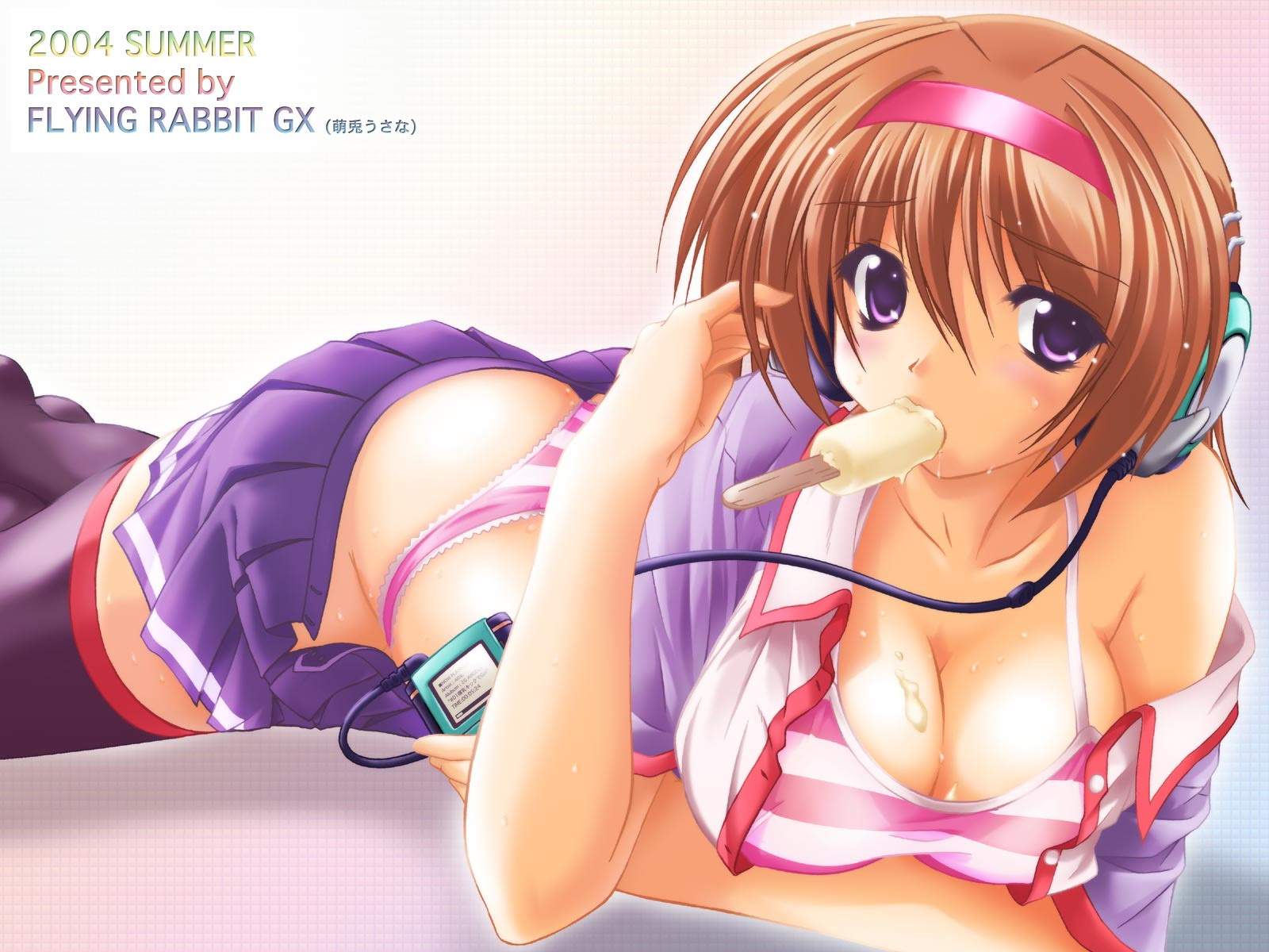 moeto usana, us@myo, highres, 00s, 1girl, 2004, ass, black thighhighs, bra, breasts, brown hair, cleavage, digital media player, embarrassed, female focus, food, gradient background, hairband, hand on own ear, headphones, lace, lace-trimmed panties, lace trim, large breasts, lingerie, lying, mouth hold, off shoulder, on stomach, open clothes, open shirt, open skirt, panties, pleated skirt, popsicle, purple bra, purple eyes, purple panties, school uniform, serafuku, sexually suggestive, shirt, short hair, skirt, solo, striped bra, striped clothes, striped panties, thighhighs, thong, underwear, zettai ryouiki