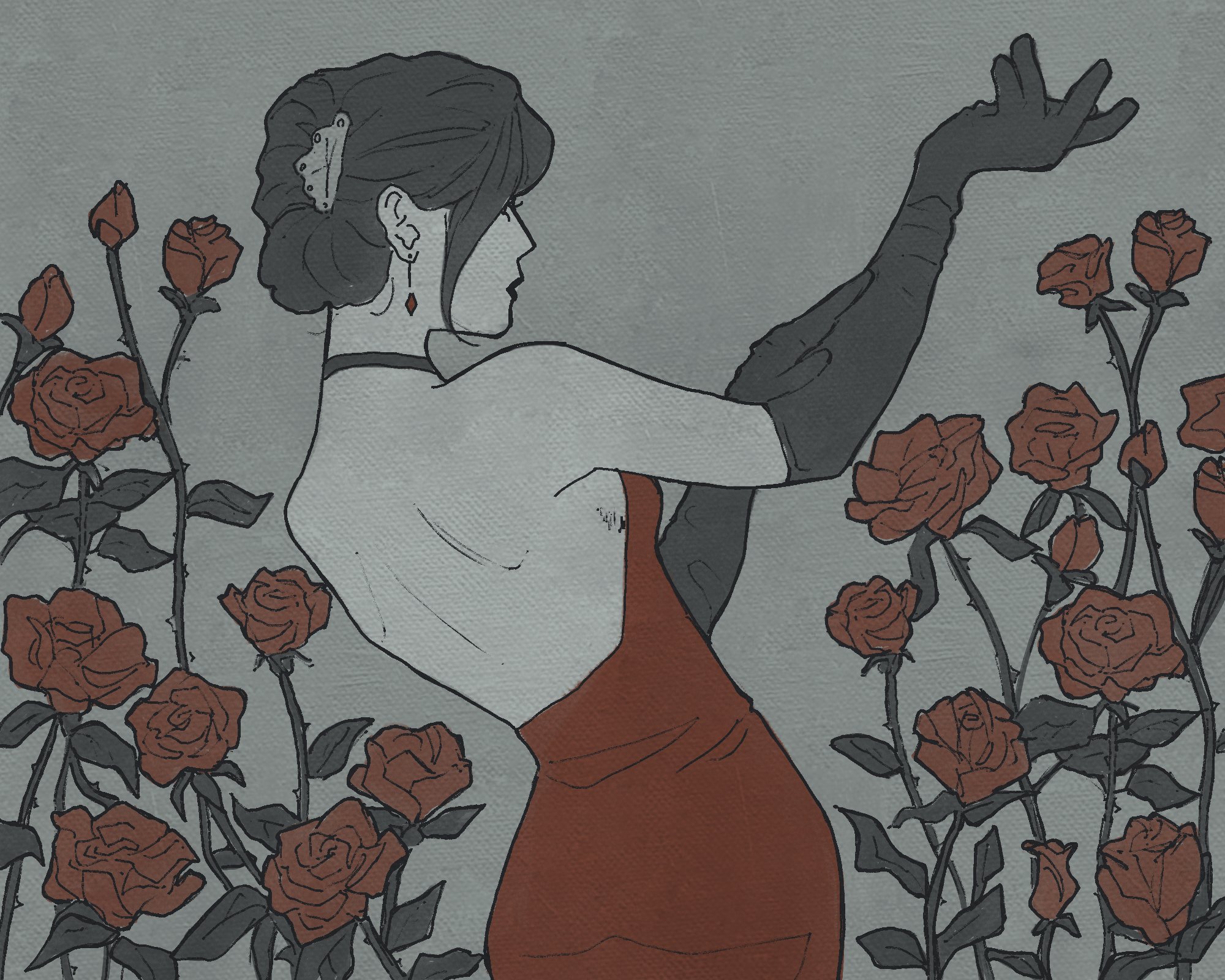 original, commentary, english commentary, highres, 1girl, black gloves, black hair, collar, dress, earrings, elbow gloves, flower, from behind, gloves, grey background, hair bun, jewelry, muted color, red dress, red flower, red rose, rose, sidelocks, simple background, sleeveless, sleeveless dress, solo, sonaireeart, standing, too many flowers