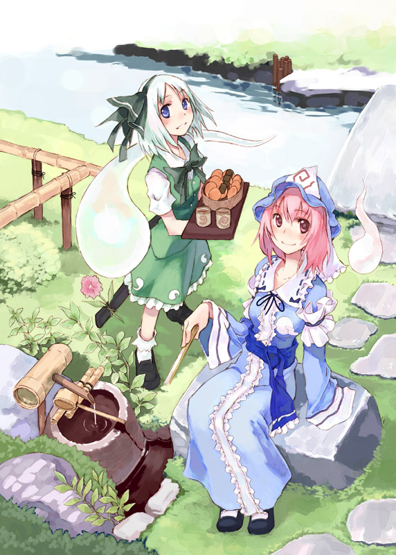 ushiki yoshitaka, konpaku youmu, konpaku youmu (ghost), saigyouji yuyuko, touhou, 2girls, blue eyes, female focus, food, grin, hat, hishaku, multiple girls, on rock, pink eyes, pink hair, rock, senbei, short hair, sitting, smile, stream, tray, triangular headpiece, water, white hair