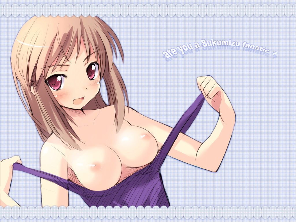 sikorsky, original, light brown hair, 1girl, breasts, brown hair, clothes pull, female focus, medium breasts, nipples, one-piece swimsuit, one-piece swimsuit pull, pulling own clothes, purple one-piece swimsuit, purple school swimsuit, red eyes, school swimsuit, short hair, solo, swimsuit