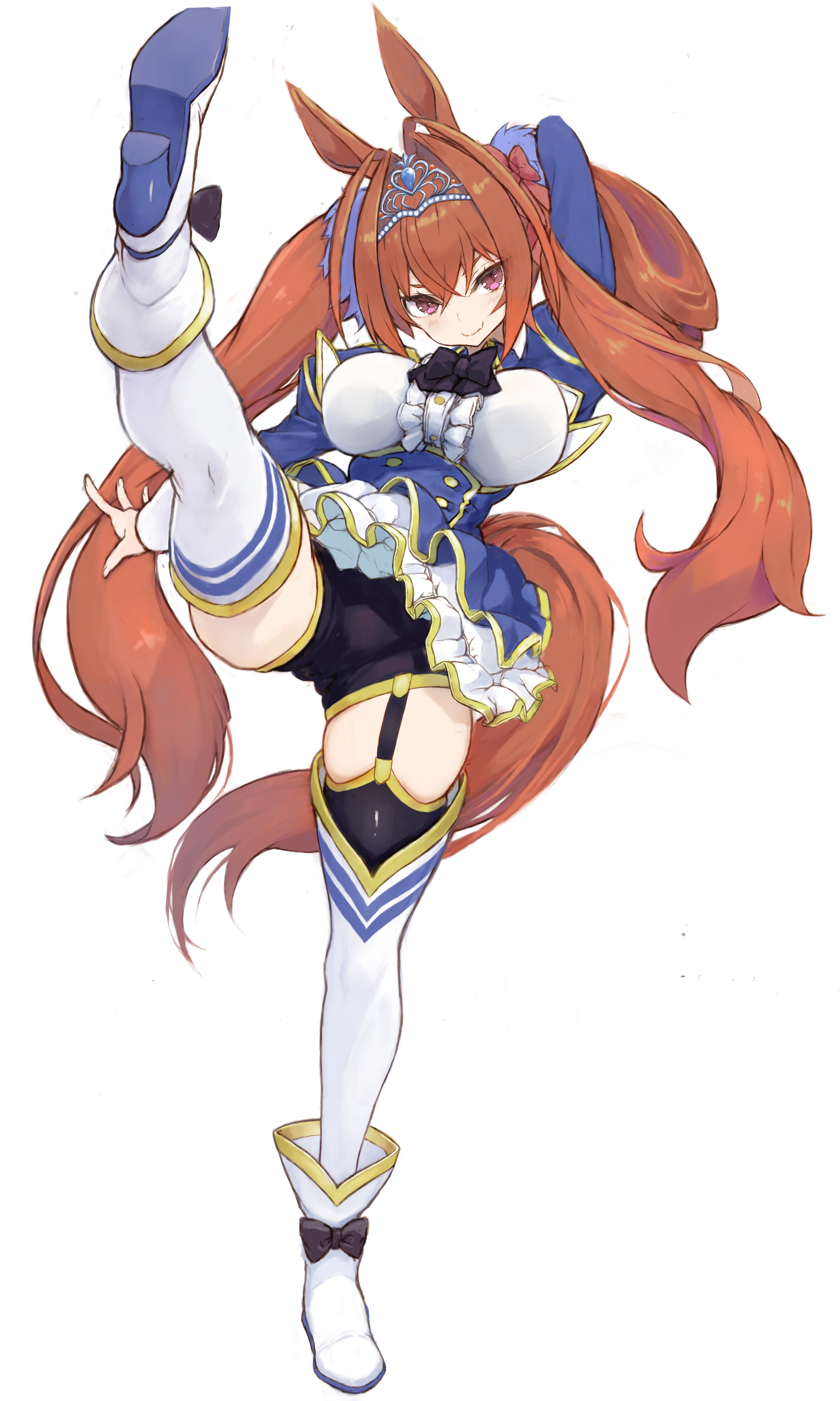 ryo (tg290), daiwa scarlet (umamusume), umamusume, absurdres, highres, 1girl, animal ears, blush, breasts, brown hair, dress, full body, hair intakes, horse ears, horse girl, horse tail, large breasts, long hair, long sleeves, looking at viewer, red eyes, smile, solo, tail, thighhighs, tiara, twintails