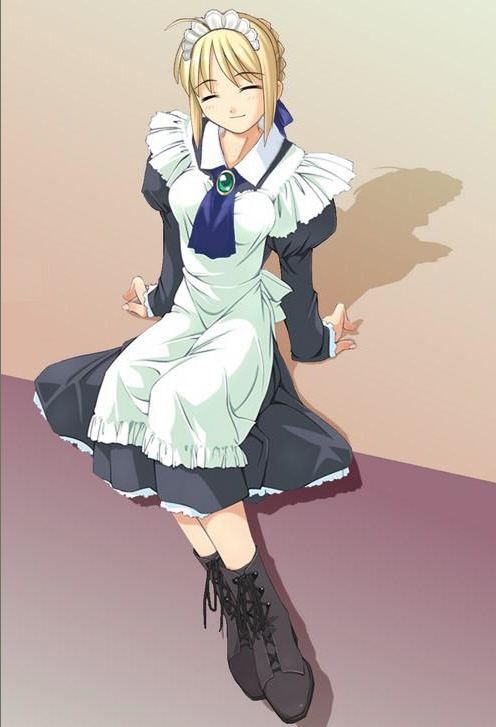 murakami suigun, artoria pendragon (fate), saber (fate), fate/stay night, fate (series), third-party edit, 00s, maid, sitting, smile, solo