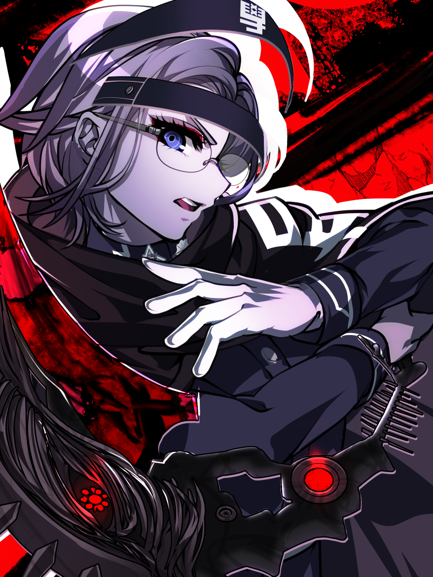 nota sayaka, aotsuki eito, the hundred line -last defense academy-, 1boy, black background, black cloak, cloak, drop shadow, eyeliner, gakuran, glasses, gloves, grey hair, holding, holding scythe, holding weapon, last defense academy school uniform, looking at viewer, makeup, male focus, red background, red eyeliner, school uniform, scythe, short hair, solo, two-tone background, weapon, white gloves
