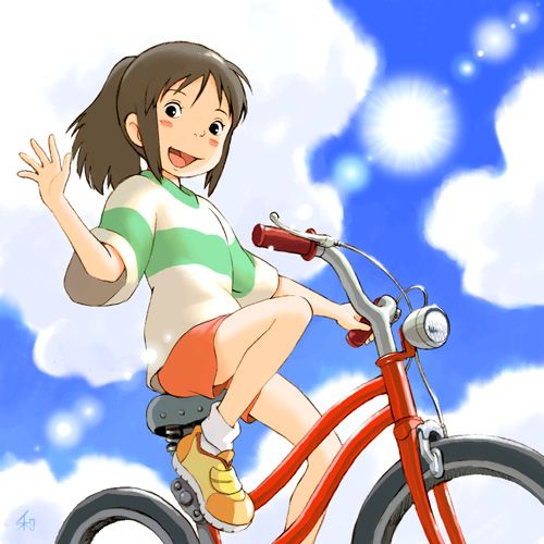 ogino chihiro, sen to chihiro no kamikakushi, studio ghibli, artist request, lowres, 00s, 1girl, :d, bicycle, black eyes, blue sky, blush, brown hair, child, day, female focus, from below, looking at viewer, looking down, open mouth, outdoors, ponytail, shirt, short hair, shorts, signature, sky, smile, socks, solo, sun, sunlight, waving, white socks