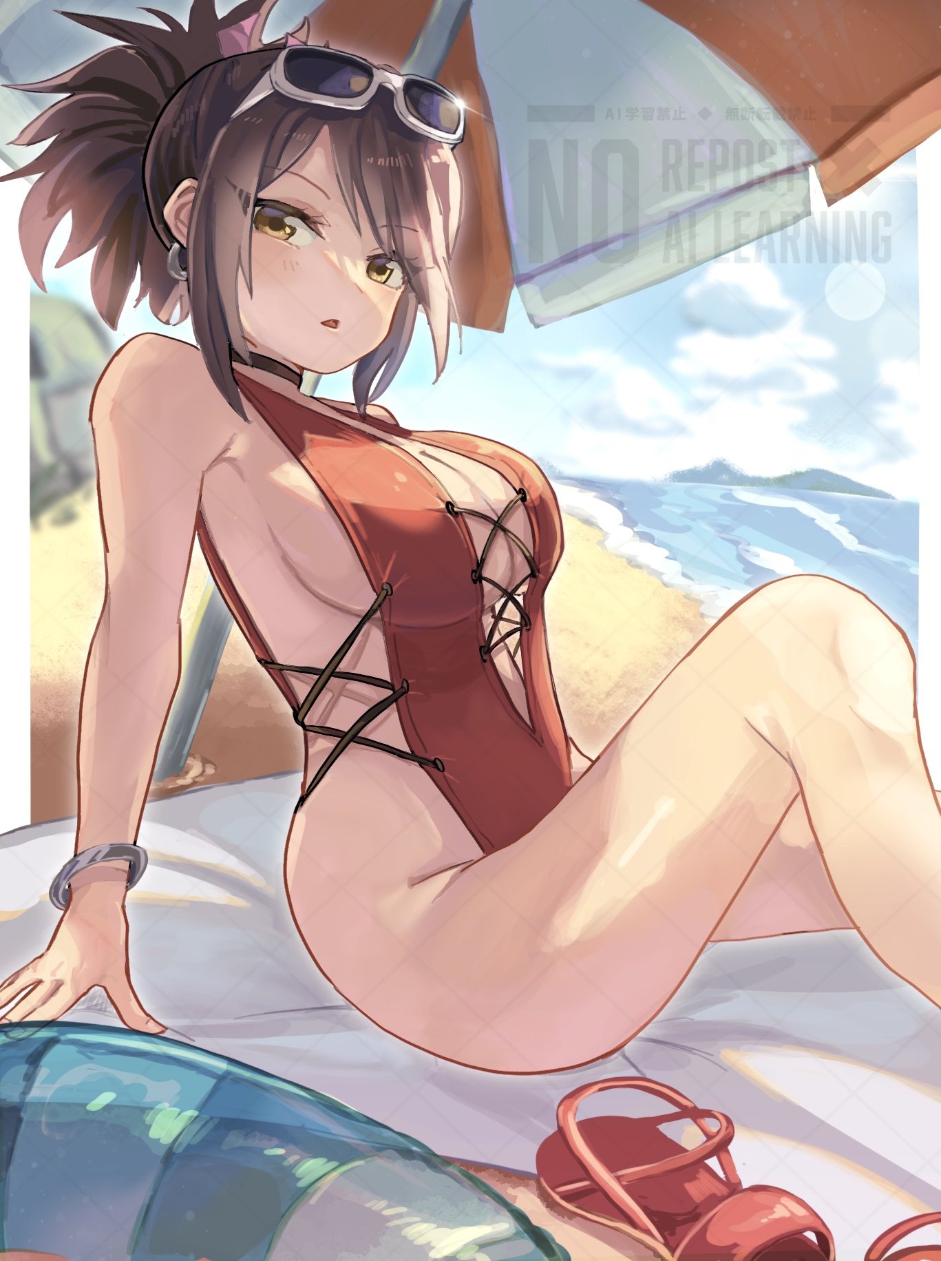 mametaro (ma me ta ro), fujibayashi sheena, tales of (series), tales of symphonia, commentary request, highres, 1girl, arm support, bangle, bare legs, bare shoulders, beach, beach towel, beach umbrella, black choker, black hair, blue sky, blurry, blurry background, bracelet, breasts, brown eyes, choker, cleavage, cloud, cloudy sky, cross-laced clothes, cross-laced one-piece swimsuit, earrings, eyewear on head, feet out of frame, high ponytail, jewelry, knee up, large breasts, legs, long hair, looking at viewer, mountainous horizon, ocean, one-piece swimsuit, outdoors, parted lips, ponytail, red one-piece swimsuit, sand, sandals, sitting, sky, solo, sunglasses, swim ring, swimsuit, towel, umbrella, unworn sandals