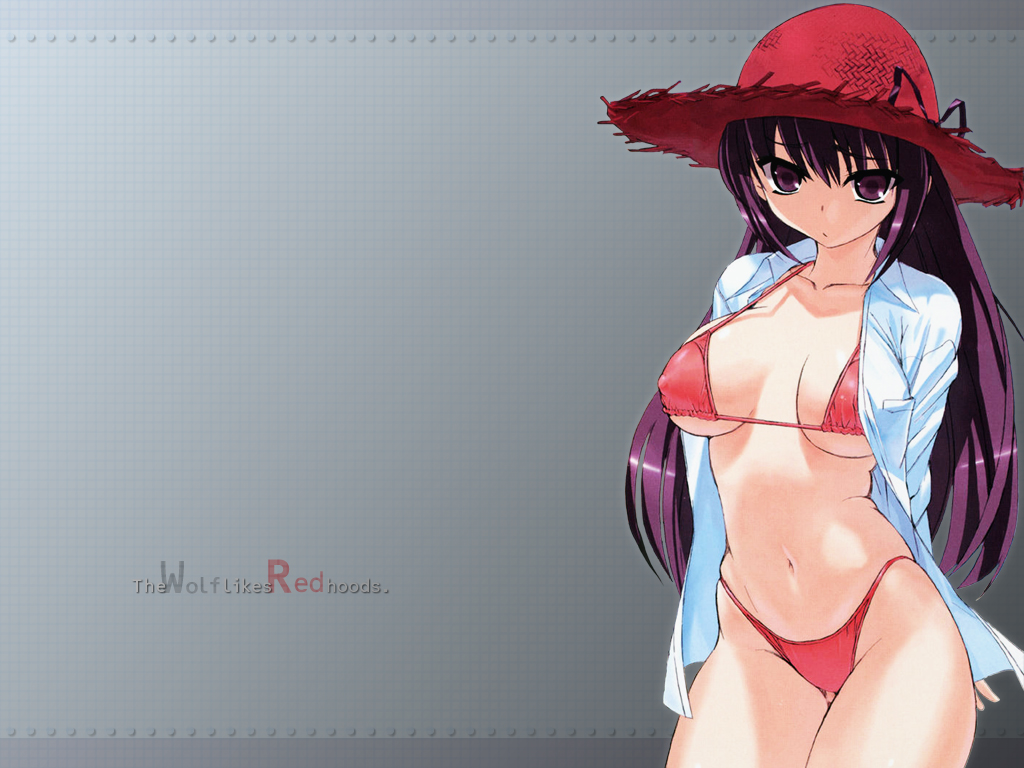 inu777, little red riding hood (fairy tale character), little red riding hood (fairy tale), third-party source, 1girl, bikini, covered erect nipples, cowboy shot, female focus, hat, open clothes, open shirt, purple eyes, purple hair, red bikini, shirt, solo, straw hat, swimsuit