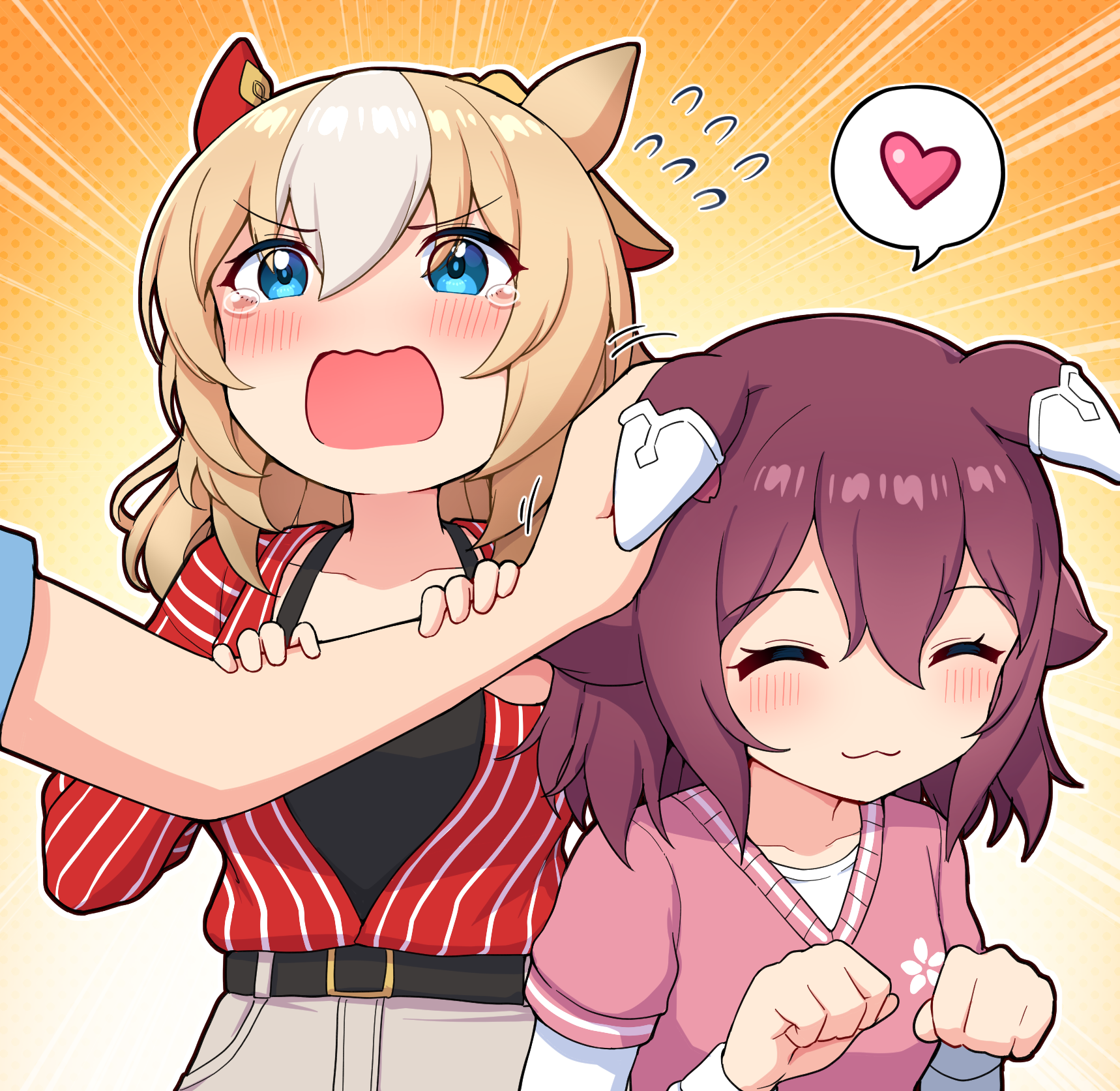 takiki, durandal (umamusume), sakura chiyono o (umamusume), umamusume, commentary request, highres, 1boy, 2girls, animal ears, belt, belt buckle, black belt, black camisole, blonde hair, brown hair, brown pants, buckle, camisole, emphasis lines, flying sweatdrops, hands up, headpat, heart, horse ears, jacket, layered sleeves, long sleeves, multicolored hair, multiple girls, orange background, out of frame, pants, paw pose, pink sweater, polka dot, polka dot background, red jacket, shirt, short over long sleeves, short sleeves, spoken heart, striped clothes, striped jacket, sweater, two-tone hair, vertical-striped clothes, vertical-striped jacket, white hair, white shirt