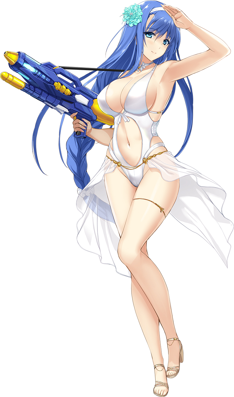 onigirikun, choukou (alicesoft), choukou shinki ixseal, choukou taisen escalation heroines, highres, official art, 1girl, arm up, bare arms, bare legs, blue eyes, blue hair, breasts, cleavage, clothing cutout, flower, hair flower, hair ornament, holding, holding water gun, ixseal, large breasts, long hair, looking at viewer, navel cutout, official alternate costume, one-piece swimsuit, salute, sandals, smile, solo, swimsuit, tachi-e, thighs, very long hair, water gun, white one-piece swimsuit