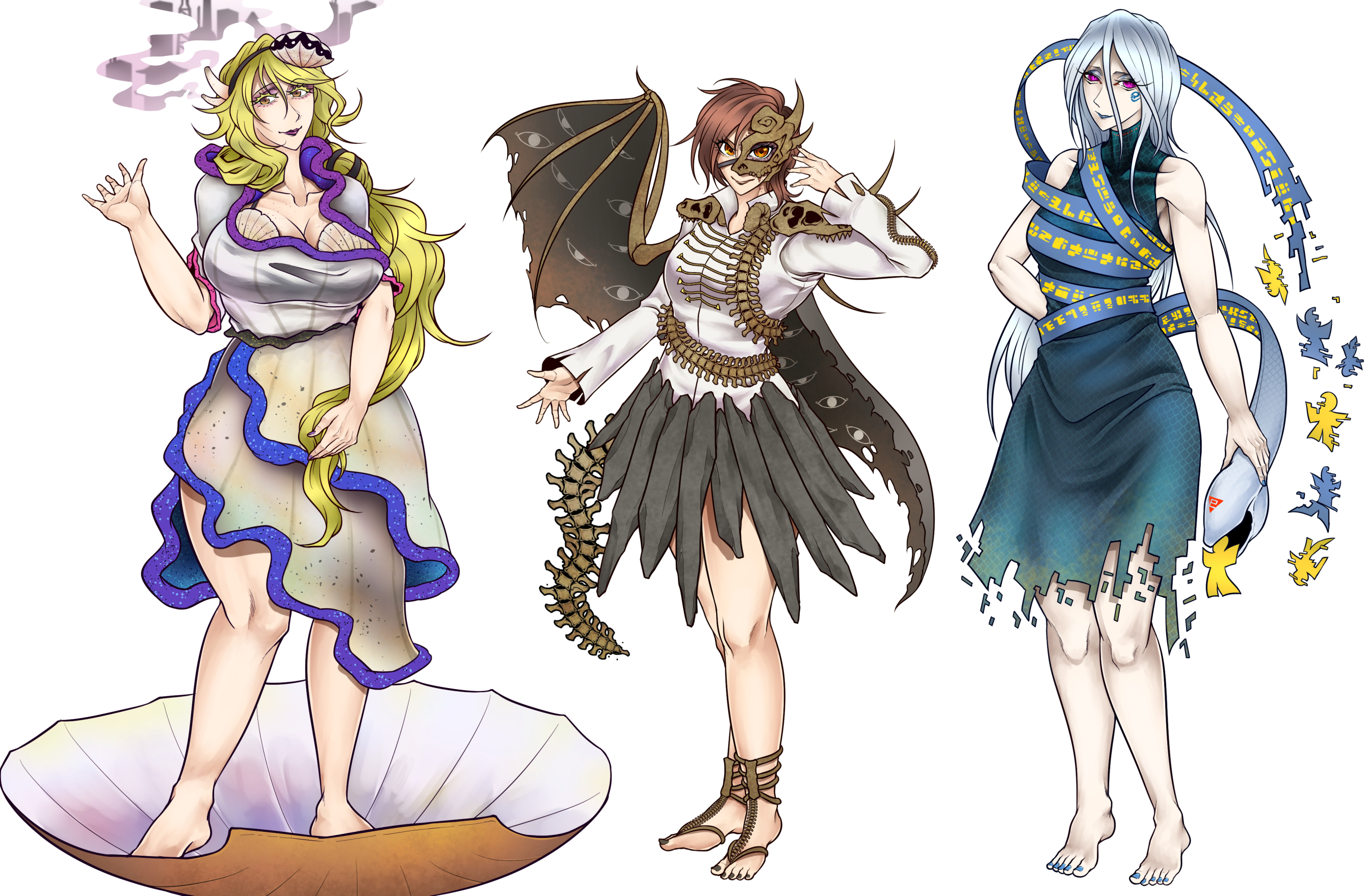 ryuuichi (f dragon), iwanaga ariya, watari nina, yuiman asama, fossilized wonders, the birth of venus, touhou, commentary request, highres, 3girls, barefoot, black skirt, black wings, blonde hair, blue dress, blue nails, breasts, brown hair, closed mouth, dress, eye print, fingernails, full body, grey skirt, half mask, large breasts, long hair, looking at viewer, mask, masked, medium breasts, multiple girls, popped collar, red eyes, seashell, shell, shikigami, shirt, simple background, skeletal clothes, skeletal tail, skirt, sleeveless, sleeveless dress, smile, snake, standing, toenails, very long hair, white background, white hair, white shirt, wings, yellow eyes