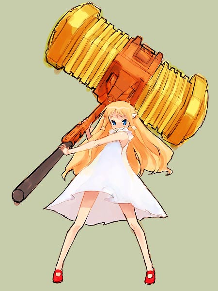 selen angenieux, rocket no natsu, yuusha ou gaogaigar, yuusha series, 1990s (style), 1girl, blonde hair, blue eyes, dress, female focus, goldion hammer, grin, hammer, long hair, mary janes, oversized object, retro artstyle, shoes, short dress, simple background, smile, solo, toy hammer