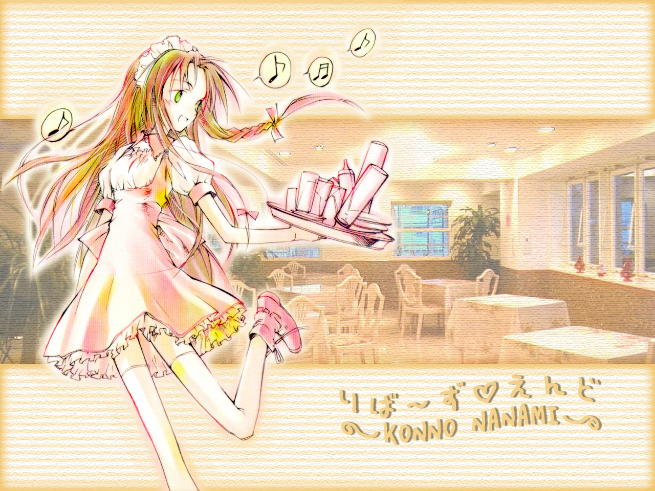 konno nanami, river's end, 1girl, braid, chair, character name, copyright name, cup, dress, drinking glass, female focus, green eyes, maid headdress, musical note, plate, solo, table, thighhighs, tray, waitress, window, zettai ryouiki