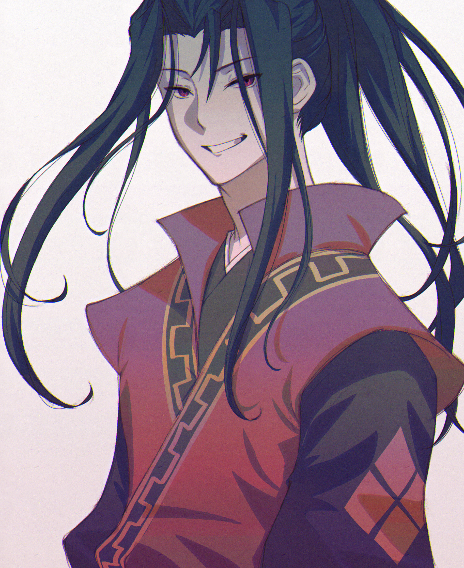korina (mrpuripurin), hikari ku, octopath traveler, octopath traveler ii, commentary, highres, symbol-only commentary, 1boy, black hair, dark persona, evil smile, floating hair, hair intakes, long hair, male focus, red eyes, simple background, smile, solo, standing, upper body, white background