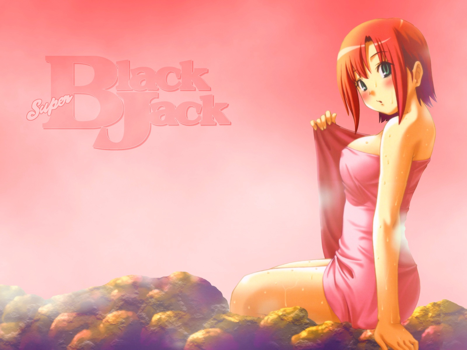 koutaro, rio rollins, super blackjack, highres, 1girl, breasts, female focus, impossible towel, large breasts, naked towel, onsen, red hair, solo, towel, wet