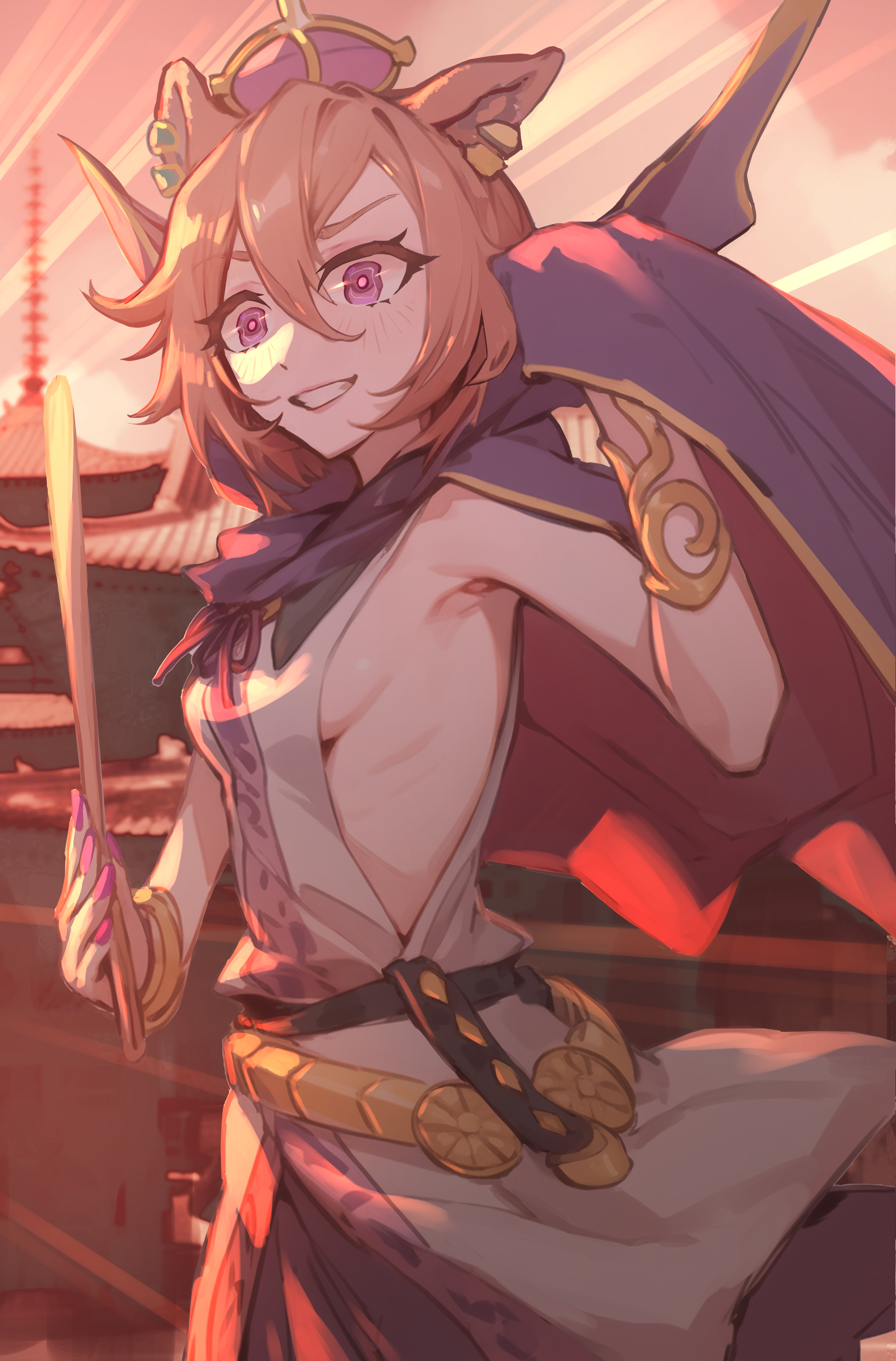senmura, t.m. opera o (umamusume), toyosatomimi no miko, touhou, umamusume, absurdres, highres, 1girl, animal ears, armpits, belt, black belt, black sailor collar, breasts, brown hair, cape, cosplay, earclip, gold, horse girl, jewelry, neck ribbon, purple eyes, purple skirt, ribbon, ritual baton, sailor collar, shirt, short hair, sideboob, skirt, sleeveless, sleeveless shirt, small breasts, smile, solo, sword, toyosatomimi no miko (cosplay), weapon