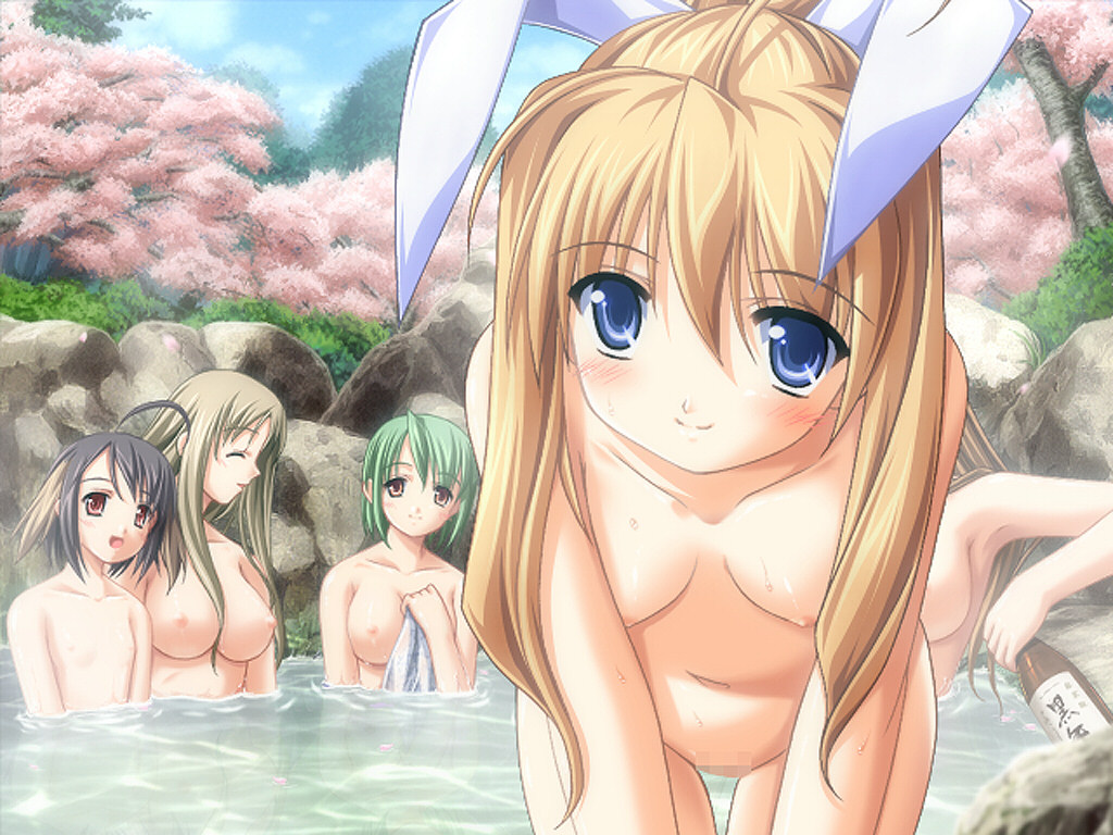 aruku, iwasaki kouji, himekawa meiko, himekawa mia, kitajima sora, mia, sakura tokino, yaezaki aruku, majipuri, game cg, jpeg artifacts, non-web source, 5girls, ahoge, alcohol, animal ears, bent over, black hair, blonde hair, blue eyes, blush, breasts, brown hair, censored, cherry blossoms, day, dog ears, flat chest, forest, green hair, large breasts, long hair, mosaic censoring, multicolored hair, multiple girls, nature, nipples, nude, onsen, outdoors, petals, pussy, rabbit ears, red eyes, sake, short hair, sky, smile, submerged, thigh gap, thighs, towel, two-tone hair, wet