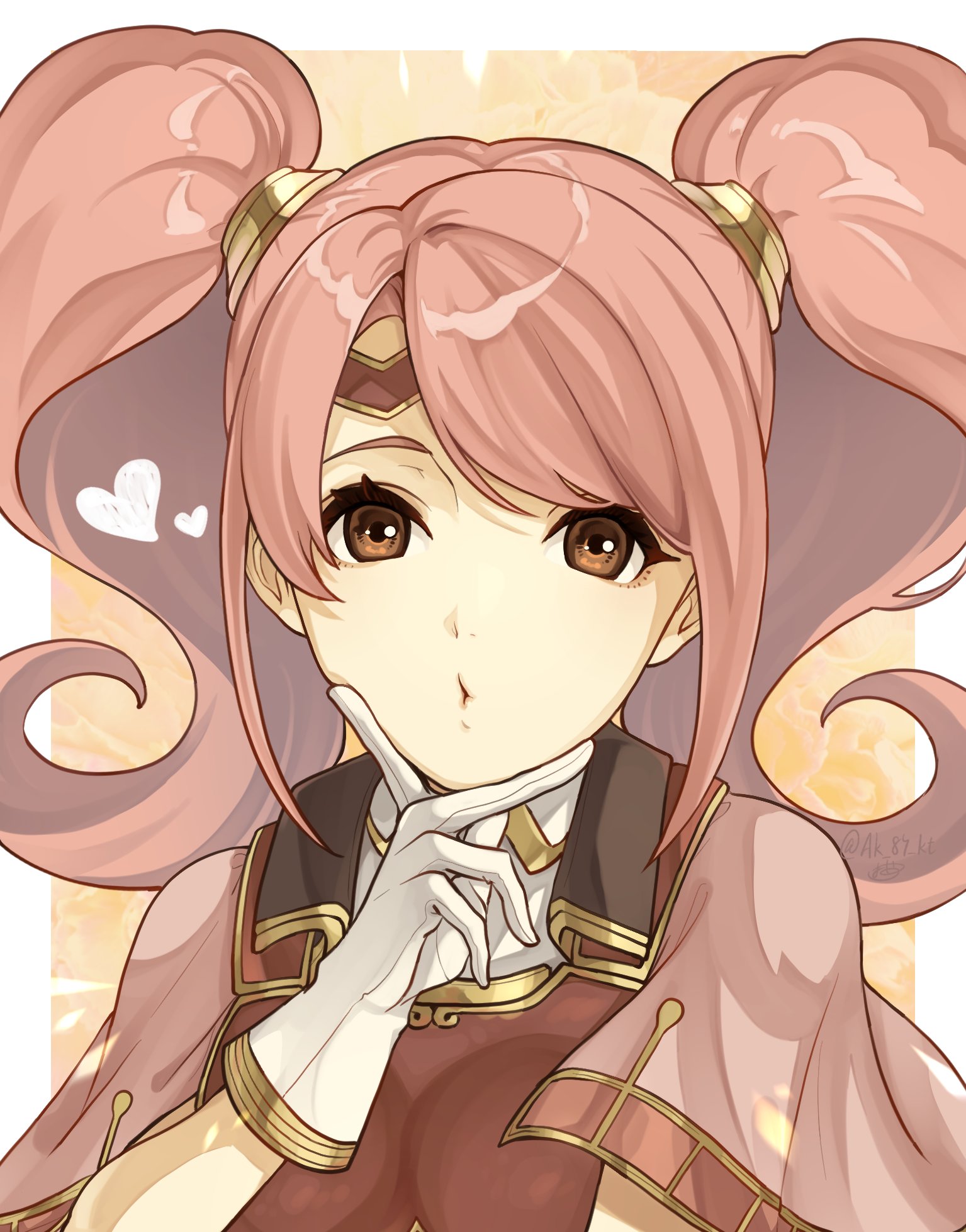 ak 87 kt, mae (fire emblem), fire emblem, fire emblem echoes: shadows of valentia, nintendo, highres, 1girl, armor, boobplate, breastplate, breasts, brown eyes, circlet, dress, gloves, hair ornament, heart, long hair, looking at viewer, medium breasts, parted lips, pink dress, pink hair, short sleeves, simple background, solo, twintails, upper body, v, white gloves
