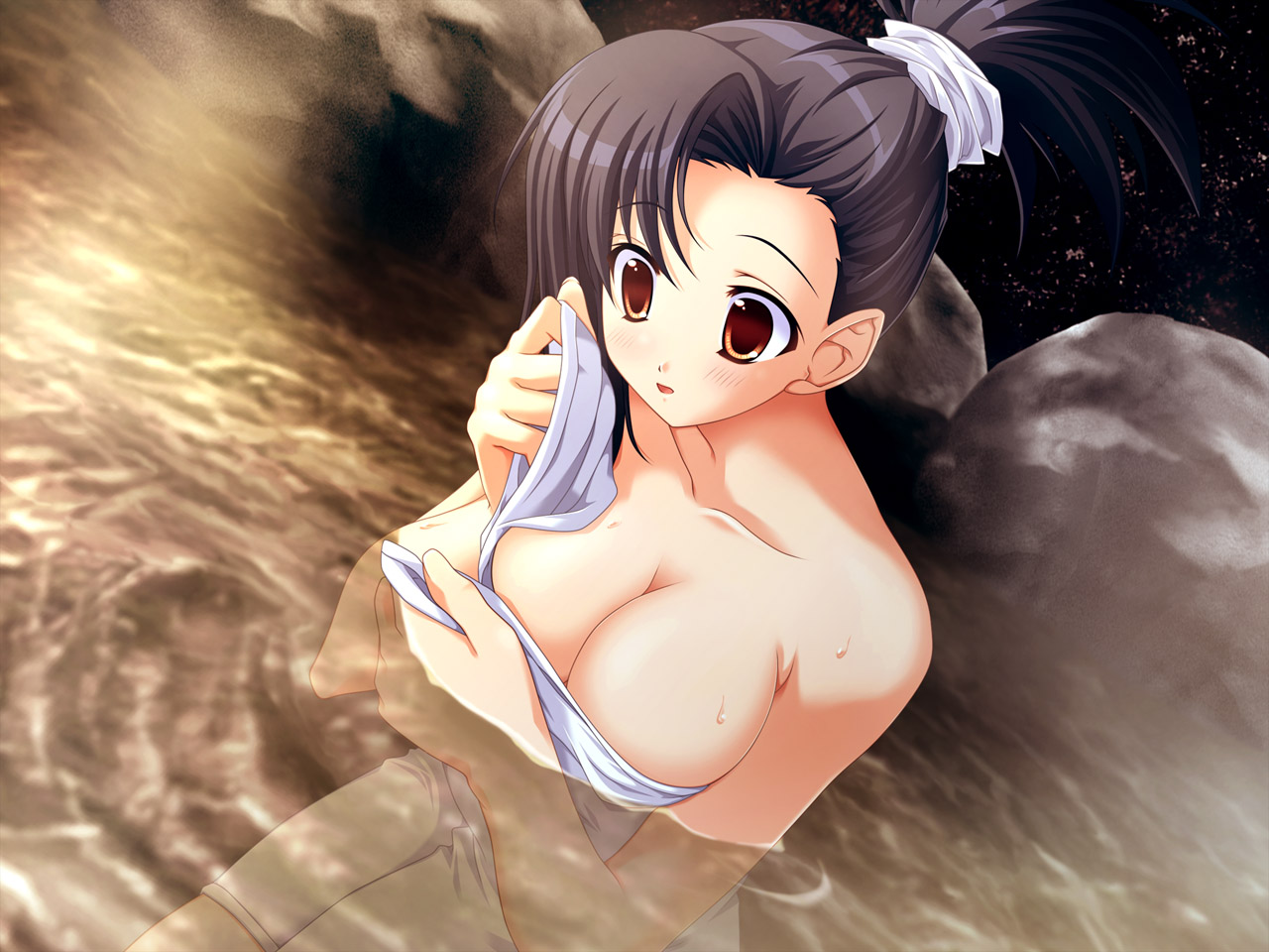 miyatsuki itsuka, yuubi (miko-san hosoude hanjouki), miko-san hosoude hanjouki, game cg, 1girl, breasts, cleavage, female focus, large breasts, naked towel, night, nude, onsen, outdoors, solo, towel