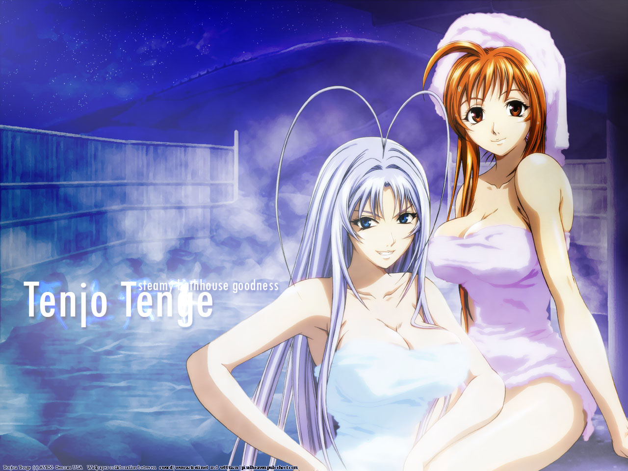 ogura hiroyuki, natsume aya, natsume maya, tenjou tenge, scan, third-party edit, 2girls, ahoge, antenna hair, armpits, blue eyes, breasts, brown eyes, brown hair, cleavage, fingernails, grin, impossible towel, large breasts, long fingernails, long hair, multiple girls, nail (hardware), naked towel, onsen, purple hair, siblings, sisters, sitting, smile, steam, thighs, towel, very long hair, water, watermark, wet