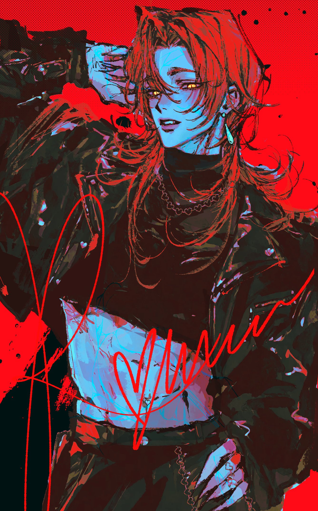 romance (kpop demon hunters), kpop demon hunters, hashtag-only commentary, highres, 1boy, black jacket, changback99, cowboy shot, crop top, cropped jacket, earrings, fingernails, hair between eyes, jacket, jewelry, leather, leather jacket, long fingernails, long hair, looking at viewer, male focus, necklace, parted lips, red background, solo, yellow eyes