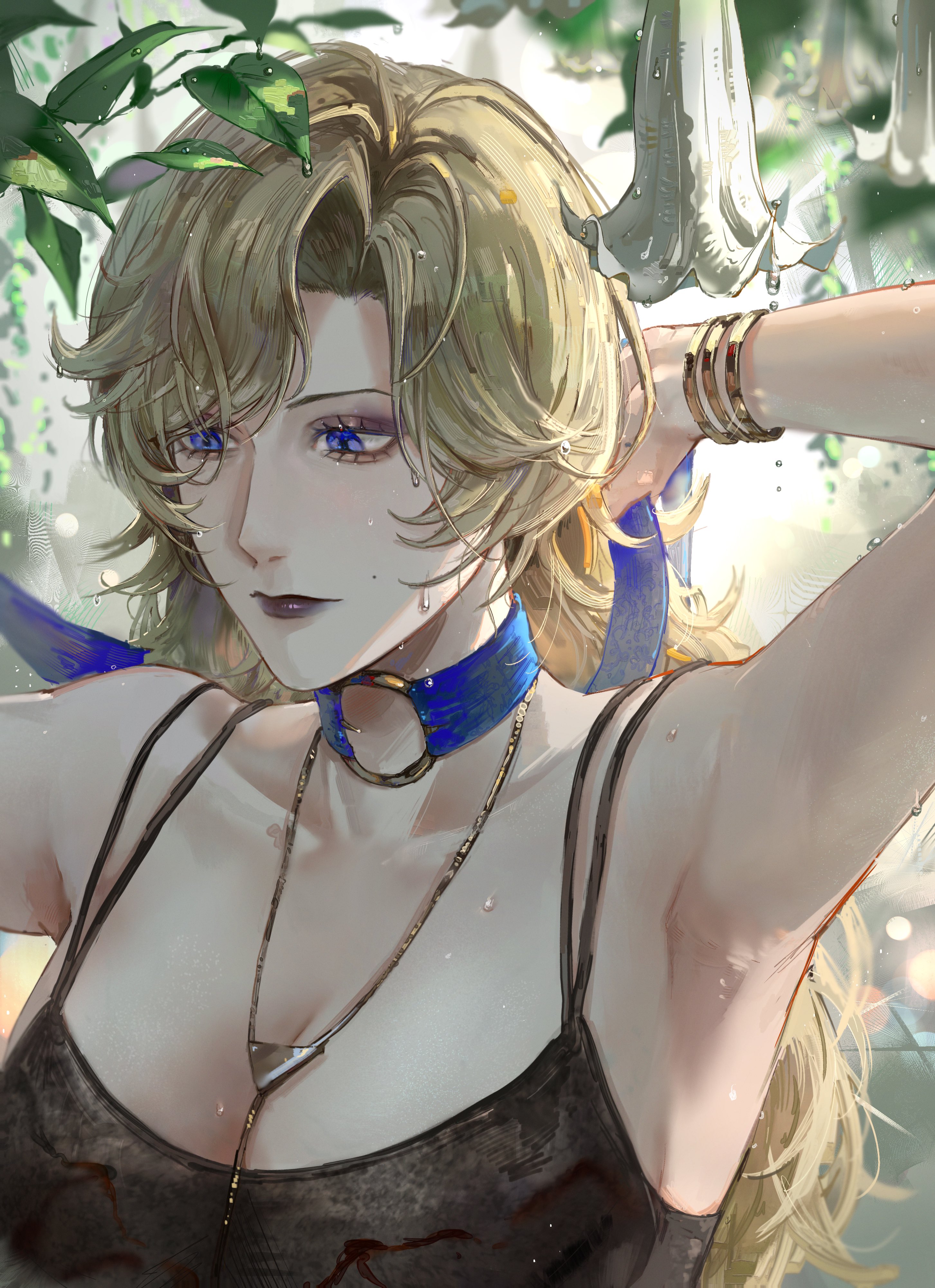 yosomaru, vautour bleu (path to nowhere), path to nowhere, absurdres, highres, 1girl, armpits, arms behind head, blonde hair, blue choker, blue eyes, bracelet, breasts, choker, cleavage, dress, flower, gold necklace, jewelry, large breasts, long hair, looking to the side, makeup, mascara, mole, mole on cheek, multiple bracelets, necklace, plant, purple lips, solo, sweat, sweatdrop