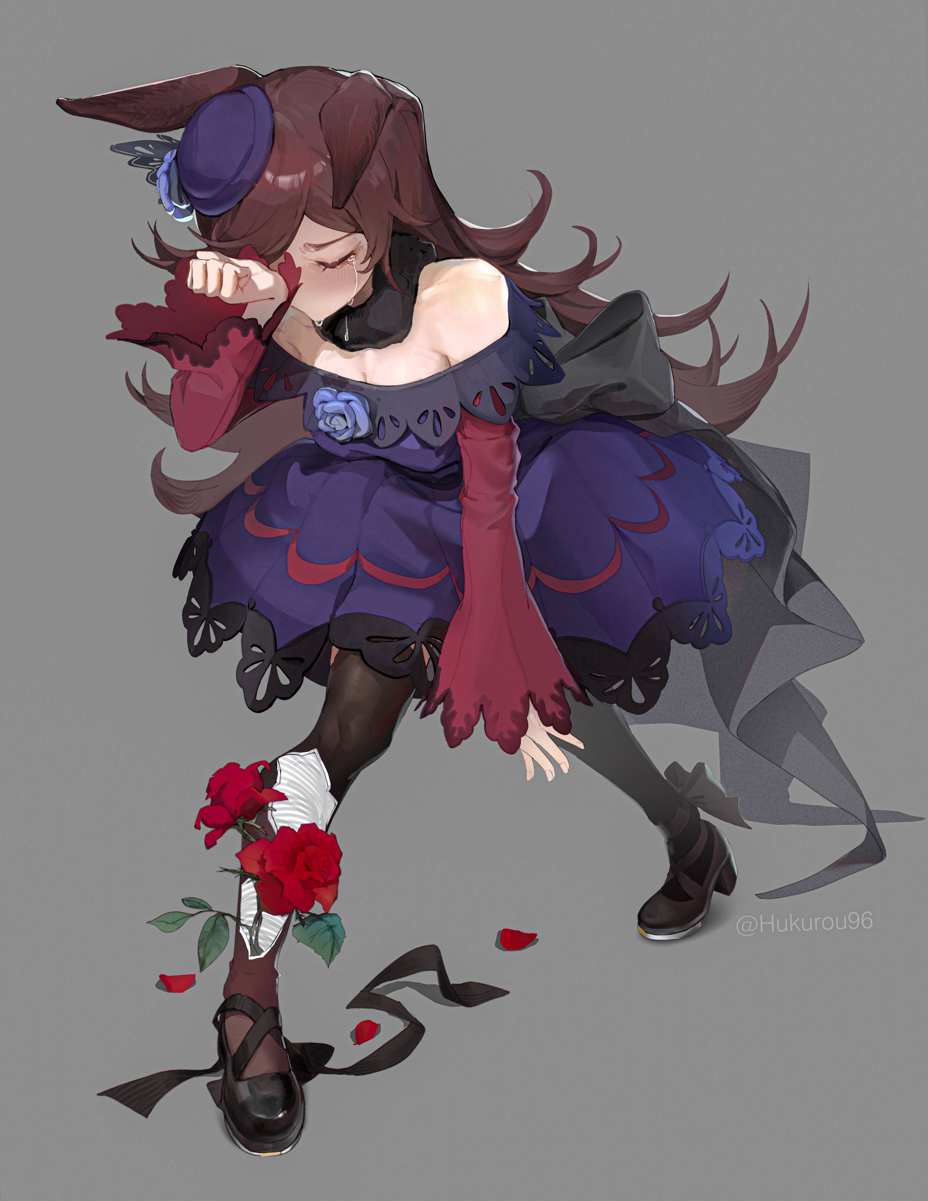 hukurou96, rice shower (umamusume), umamusume, absurdres, commentary request, highres, 1girl, animal ears, bandaged leg, bandages, bare shoulders, black choker, black thighhighs, blue flower, blue rose, breasts, brown hair, choker, cleavage, closed eyes, closed mouth, crying, dress, flipped hair, flower, grey background, hair over one eye, hat, hat flower, high heels, horse ears, horse girl, horse tail, injury, long hair, long sleeves, medium breasts, off-shoulder dress, off shoulder, purple dress, red flower, red rose, rose, simple background, solo, streaming tears, tail, tears, thighhighs, tilted headwear