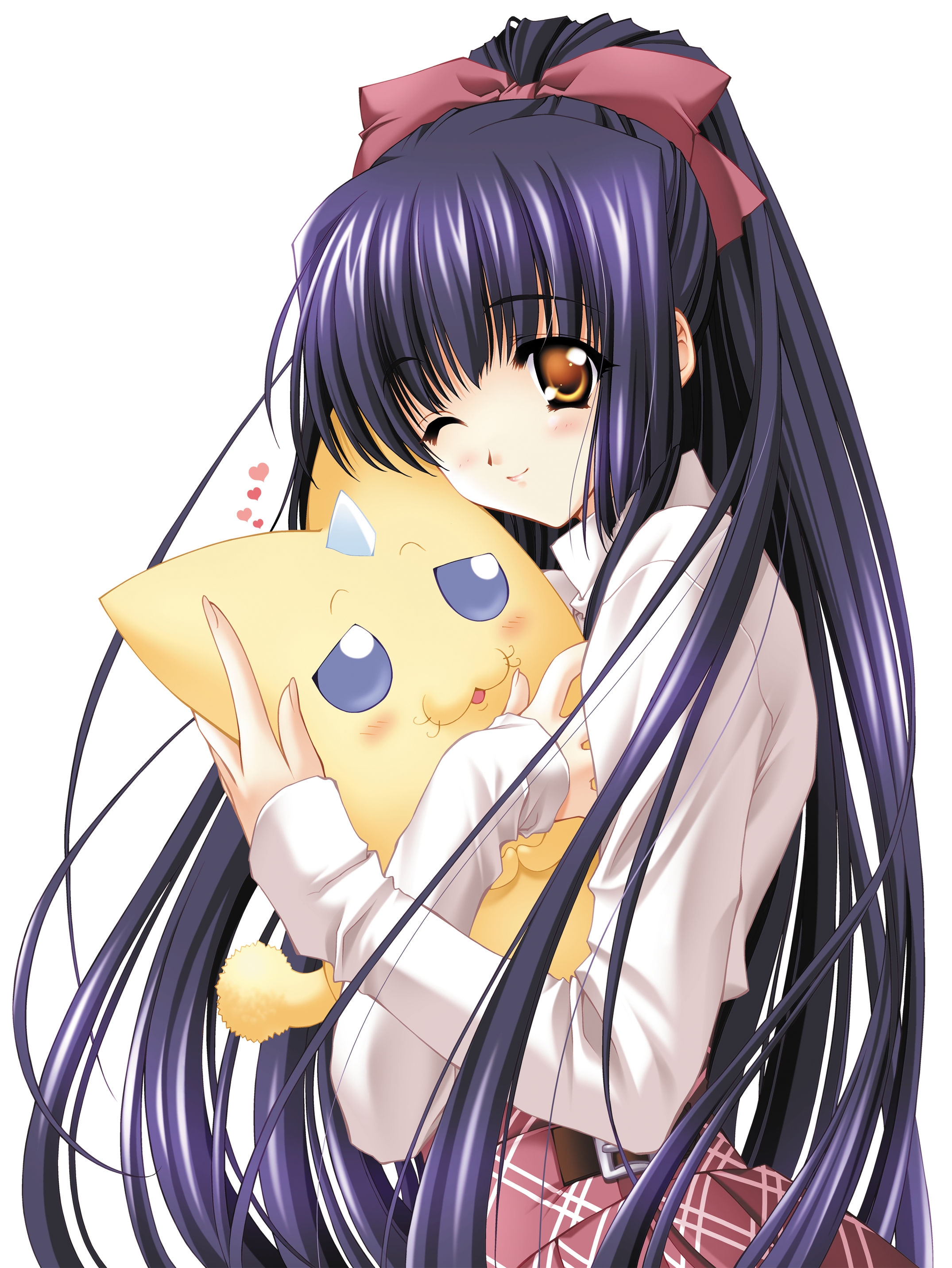 carnelian, kuraki suzuna, suzuna, kao no nai tsuki, absurdres, highres, 00s, blush, bow, hair bow, horns, hug, long hair, mascot, purple hair, ribbon, smile, solo, very long hair, yellow eyes