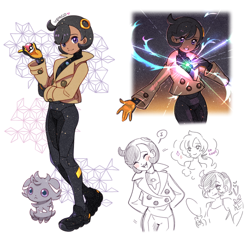 vergolophus, anabel (pokemon), emma (pokemon), espurr, nintendo, pokemon, pokemon legends: z-a, 1girl, arms behind back, black bodysuit, black hair, bodysuit, brown jacket, gen 6 pokemon, holding, holding poke ball, holding scissors, jacket, looking at viewer, mega stone, multiple views, poke ball, poke ball (basic), pokemon (creature), purple eyes, scissors, short hair, smile