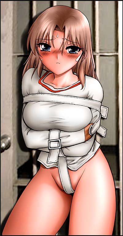 shingyouji tatsuya, original, 1girl, bars, bdsm, blush, bondage, bottomless, bound, brown hair, female focus, frown, long hair, photo background, solo, straitjacket, sweat