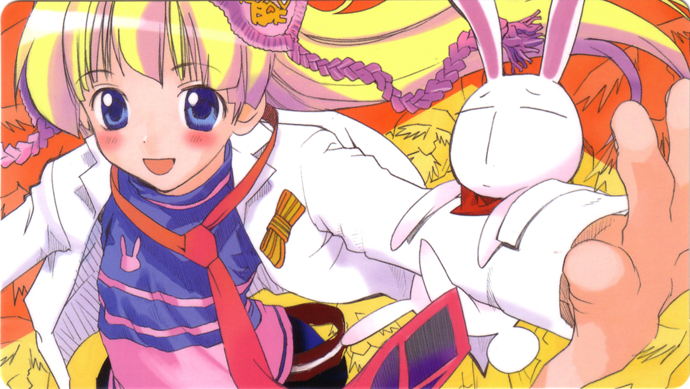 mesousa, rebecca miyamoto, pani poni dash!, anime screenshot, 00s, 1boy, 1girl, :d, beard, blonde hair, blue eyes, child, facial hair, hair ornament, heart, heart hair ornament, long hair, long sleeves, looking at viewer, necktie, old, old man, open mouth, outstretched arm, rabbit, red necktie, shitajiki, smile, upper body, very long hair, white hair