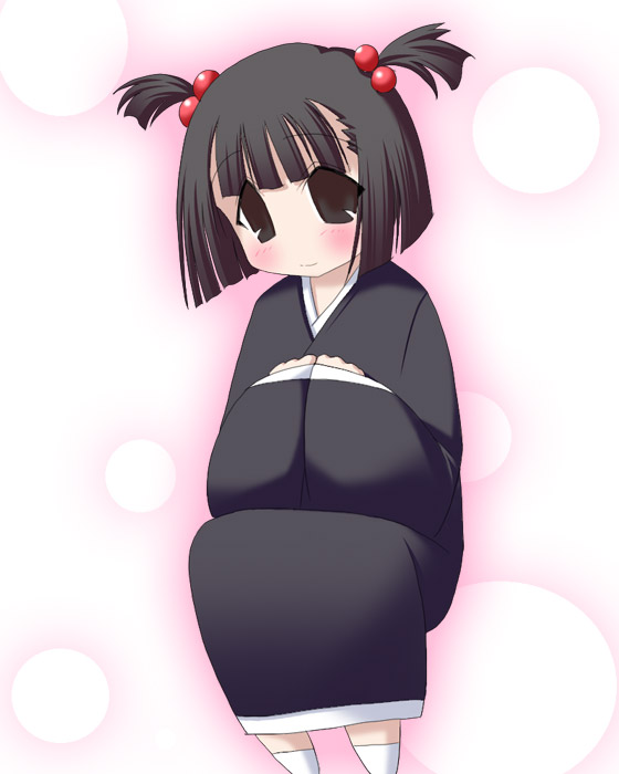 taeko, taeko (pani poni dash!), yakubyougami, pani poni dash!, 00s, 1girl, beads, black hair, blush, female focus, hair beads, hair ornament, japanese clothes, kimono, long sleeves, looking at viewer, pink background, simple background, sleeves past wrists, smile, solo, twintails, two side up