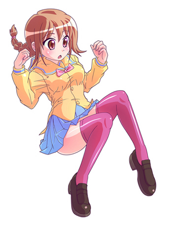 momose kurumi, pani poni dash!, lowres, 00s, 1girl, blouse, female focus, pleated skirt, school uniform, serafuku, shirt, skirt, solo, thighhighs, yellow shirt, zettai ryouiki