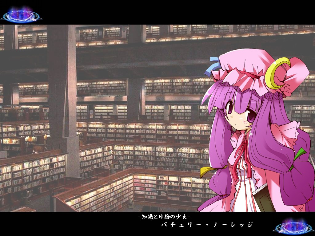 patchouli knowledge, touhou, 1girl, crescent, female focus, hat, indoors, library, mob cap, pink hat, solo