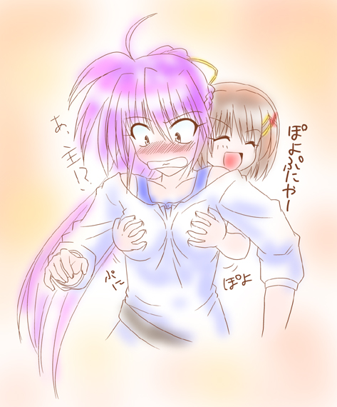 signum, yagami hayate, lyrical nanoha, mahou shoujo lyrical nanoha, mahou shoujo lyrical nanoha a's, 00s, 2girls, breasts, grabbing another's breast, groping, hair ornament, multiple girls, ponytail, x hair ornament