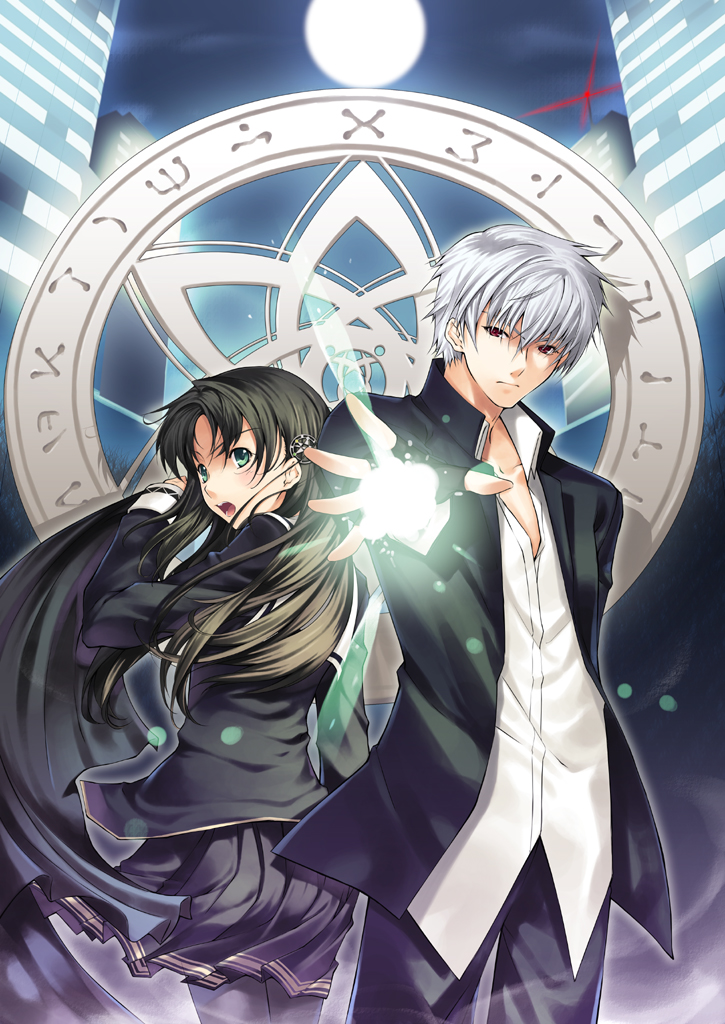 original, 1boy, 1girl, black hair, building, green eyes, long hair, looking back, magic, open mouth, pantyhose, red eyes, school uniform, serafuku, skirt, skyscraper, white hair