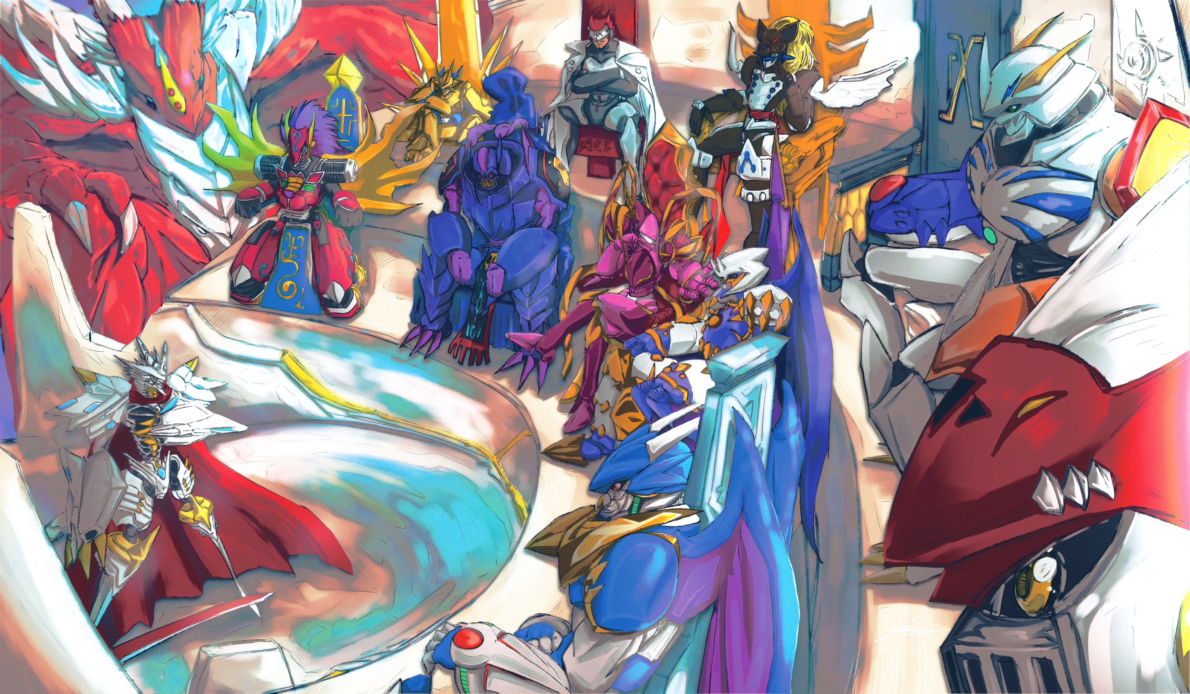 craniummon, duftmon, dukemon, examon, gankoomon, jesmon, lordknightmon, magnamon, omegamon, sleipmon, ulforcev-dramon, digimon, absurdres, highres, arm blade, armor, blue armor, blue helmet, digimon (creature), dragon, gold armor, gold helmet, group picture, helmet, mecha, pink armor, pink helmet, robot, setsu (knint ), sitting, weapon