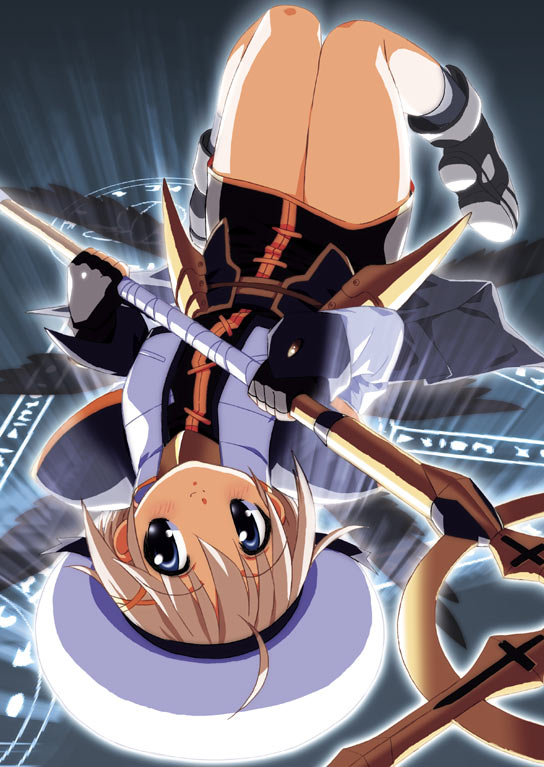 nal, nal (studio ng), schwertkreuz, yagami hayate, lyrical nanoha, mahou shoujo lyrical nanoha, mahou shoujo lyrical nanoha a's, 00s, 1girl, female focus, fingerless gloves, gloves, hair ornament, hat, magic circle, magical girl, solo, staff, unison (nanoha), upside-down, wings, x hair ornament